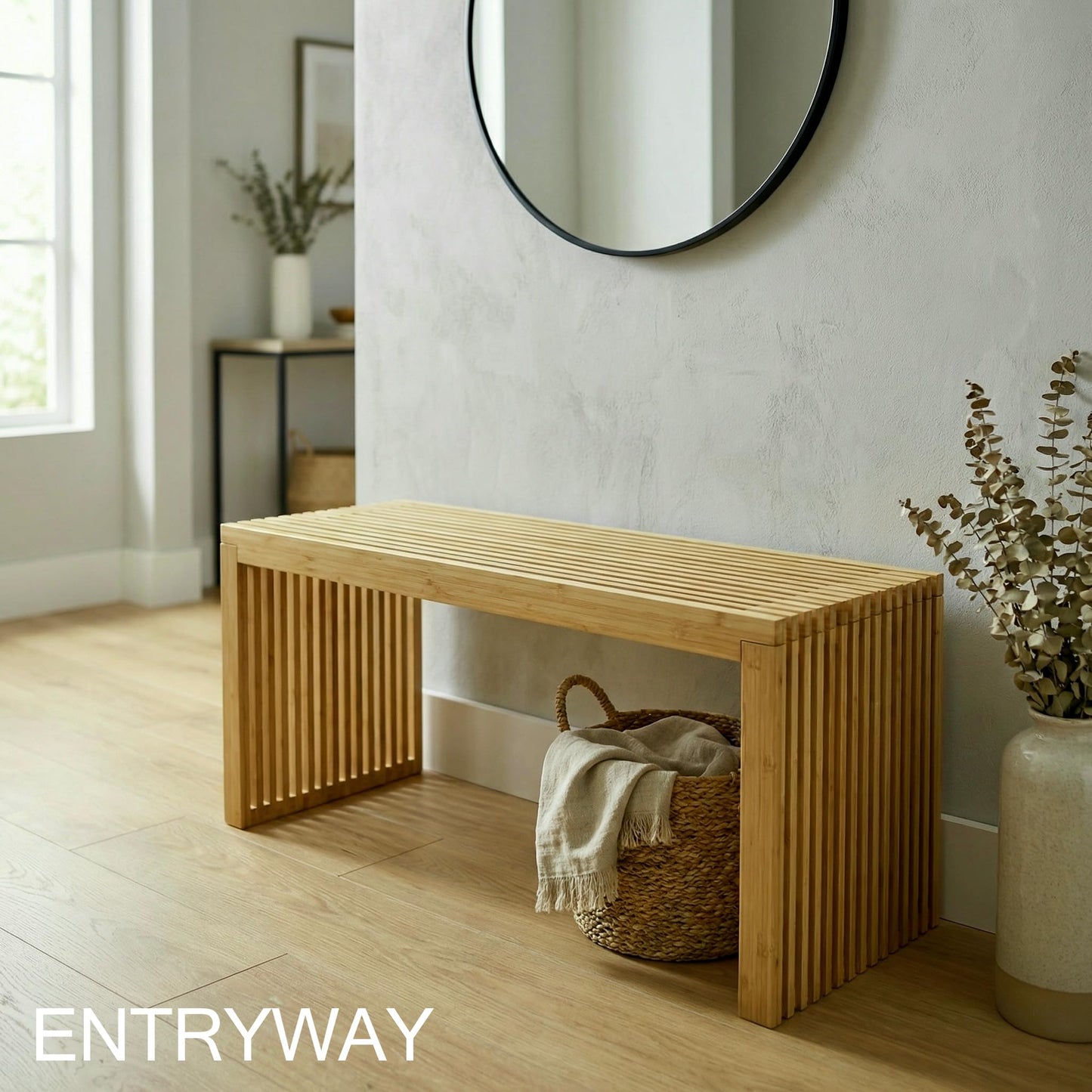 Bamboo Natural 36 inch Wooden Bench, Small Wood Benches for Entryway, Living & Dining Room, Kitchen, Bedroom, Bathroom, Hallway, Front Door, For Indoor & Outdoor Patio Use, Mid Century Modern Decor