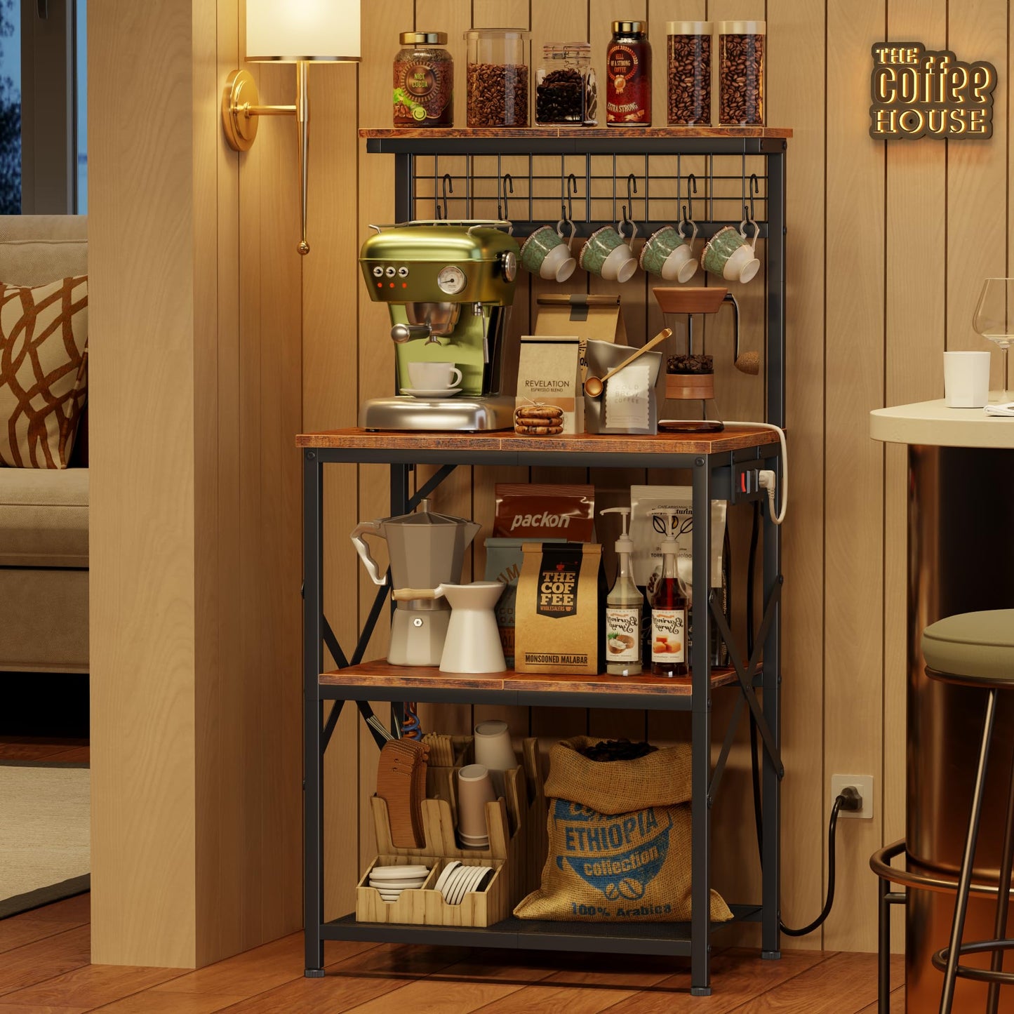 Furologee Kitchen Bakers Rack with Power Outlet, Microwave Oven Stand with Storage 4 Tiers, Coffee Bar Table with 6 S Hooks, Kitchen Storage Shelf Rack for Spices, Pots, Rustic Brown