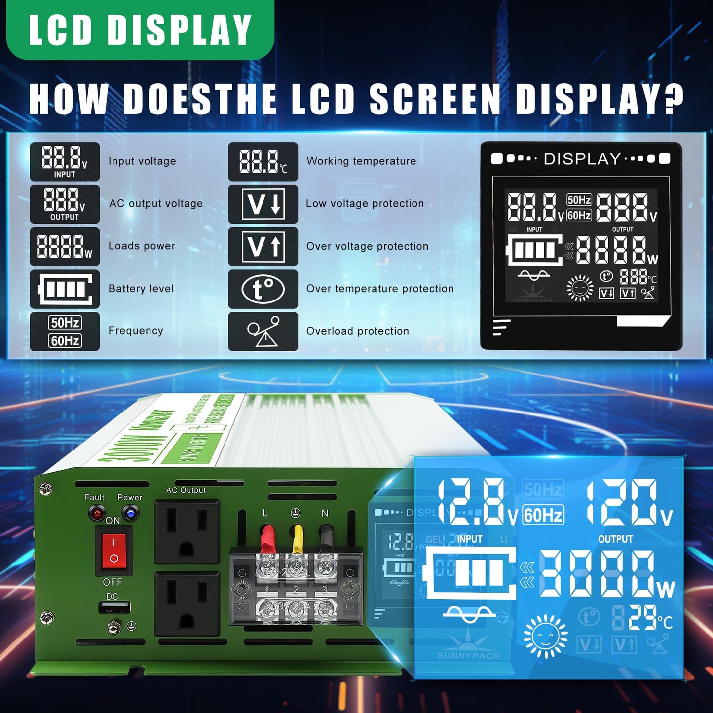 Knoweasy 3000W Pure Sine Wave Inverter 12V DC to 120V AC Converter with Remote Control and LCD Display, Dual AC Outlets and USB Ports for Home RV Truck Off-Grid Solar System