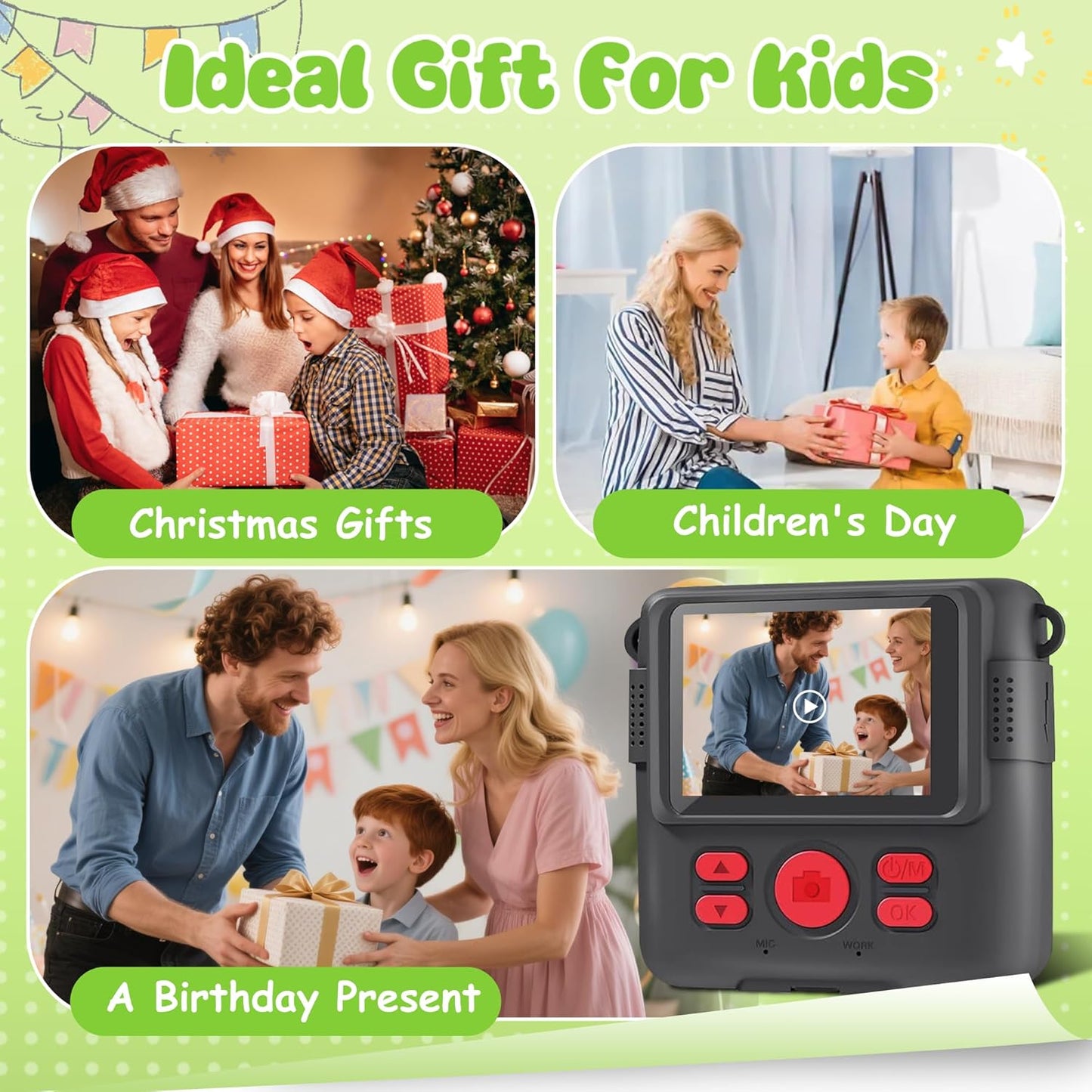 WEEFUN 2.4 Inch 1080P 16X 32GB 4 5 6 7 8 9 10 Kids Camera Instant Print, Safe Toddler Camera, Screen, with Zoom, TF