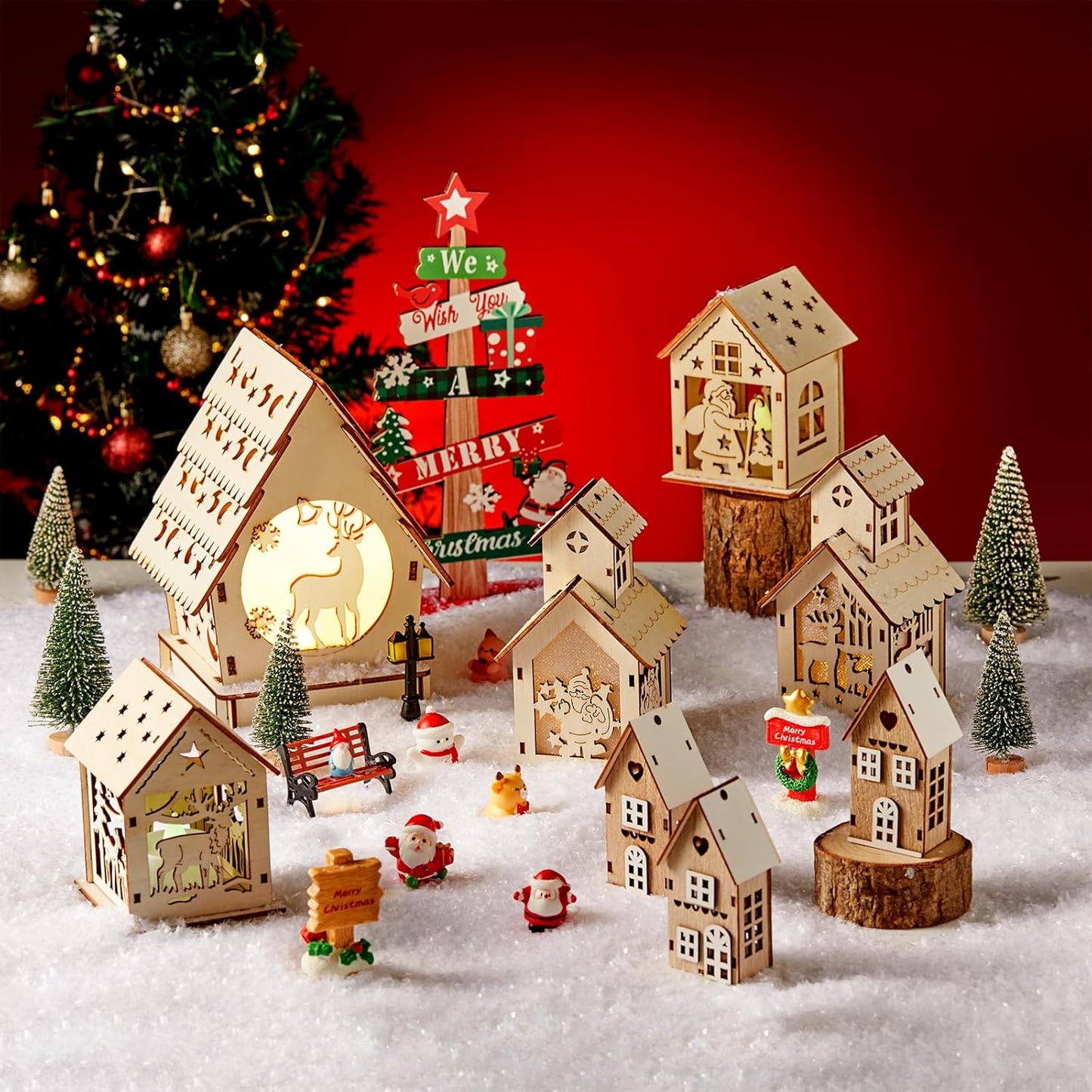 Skiennix 29-Piece Christmas Village Set - Lighted Wooden Houses & Miniature Trees for DIY Crafts