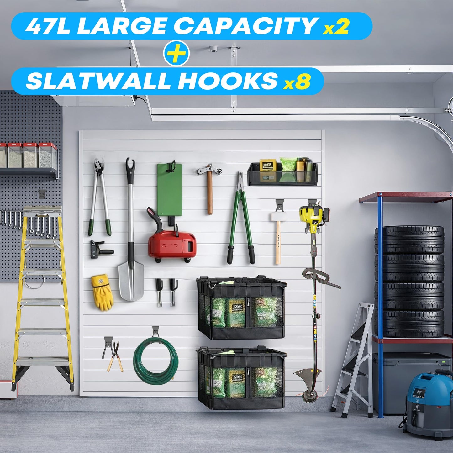 NUMAKY 10PCS Slatwall Accessories Kit, Includes 2 Large Mesh Slatwall Baskets with Zipper & 8 Heavy Duty Multifunctional Hooks, for Sports Equipment, Tools & Garage Organization