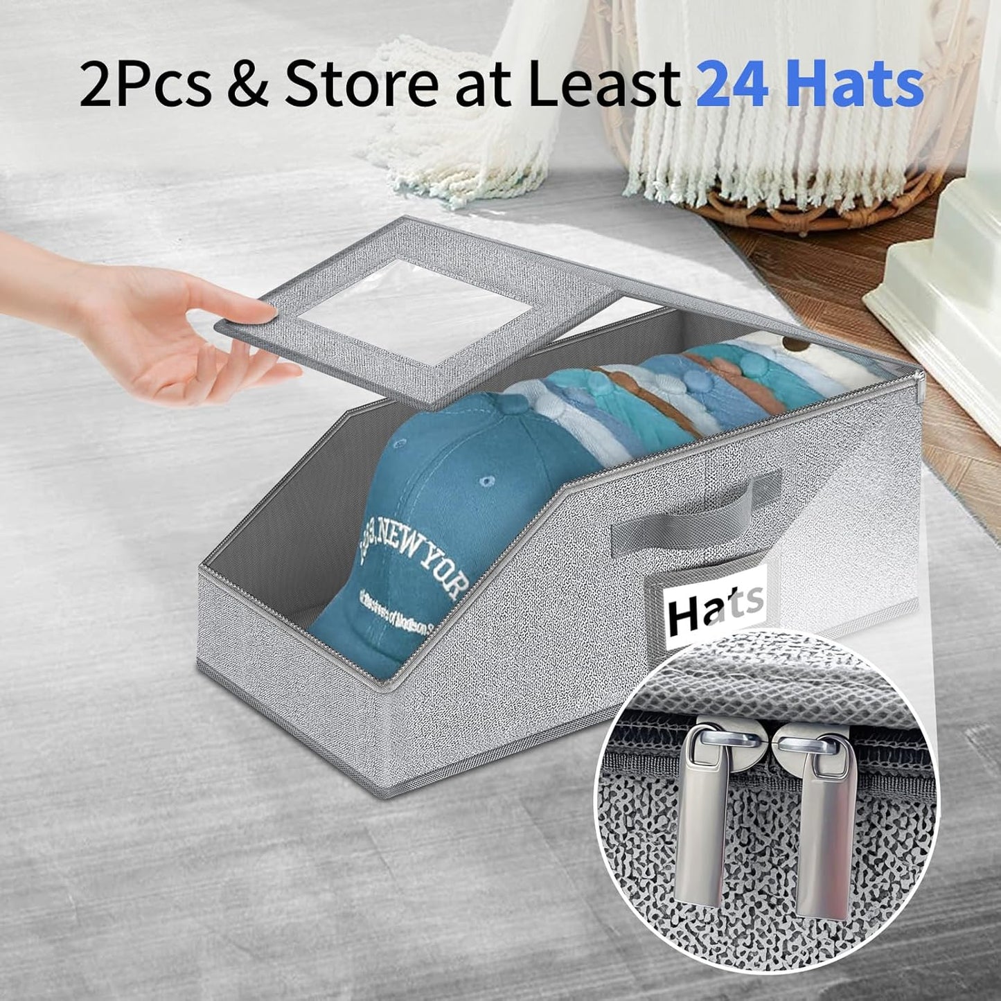 Aokeyee Hat Organizer - 2PCS Stackable Storage with Clear Window Lid | Space-Saving Grey Hat Box