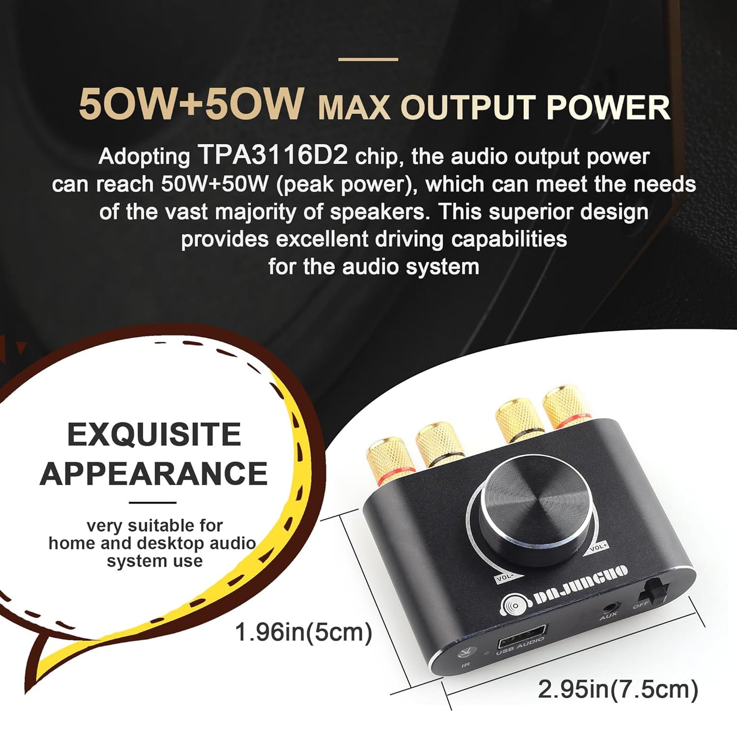 X50H 50W+50W 2.0 TPA3116D2 19V4.74A Bluetooth Amplifier Power Output with Remote Control, Stereo Bluetooth Amplifier