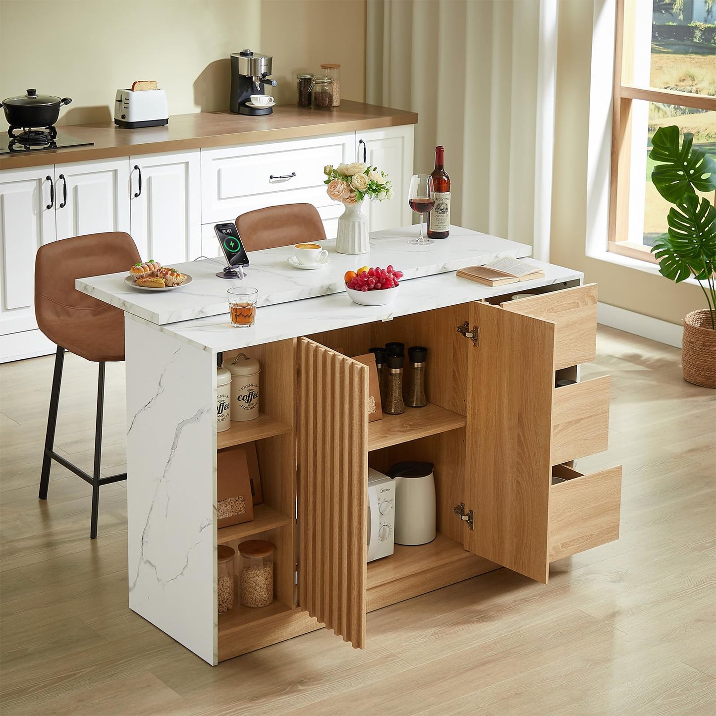 ONBRILL 55" Kitchen Island with Storage, Island Table with Sliding Extendable Countertop, Kitchen Island with Power Outlet for Kitchen, Dining Room, Living Room, White