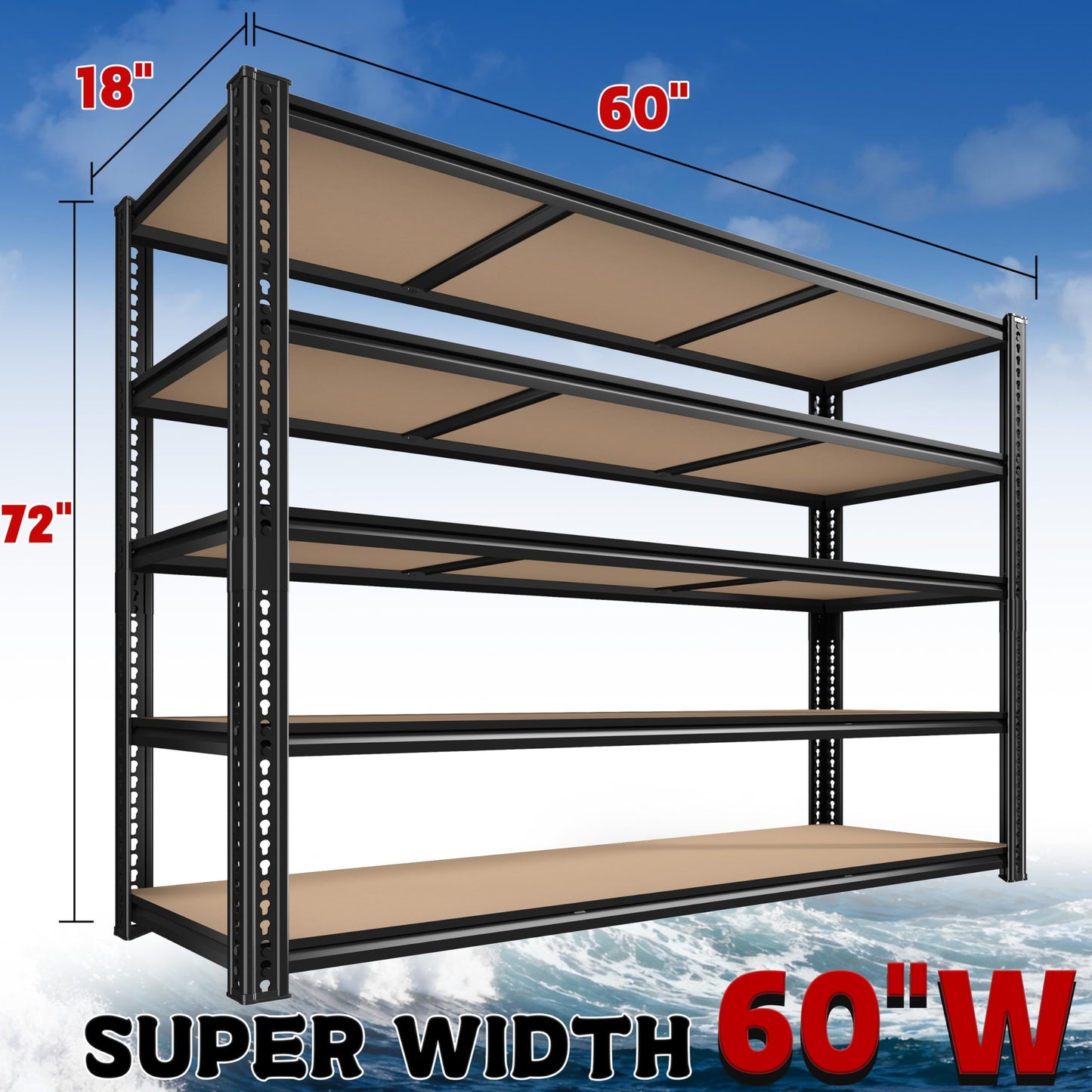 ROOMFAVE 60" W Garage Shelving 72" H Metal Shelving 3500LBS Storage Shelves Heavy Duty 5 Tier Adjustable Shelving Unit for Storage Rack Pantry Shelf Industrial Commercial,60" W x 18" D x 72" H