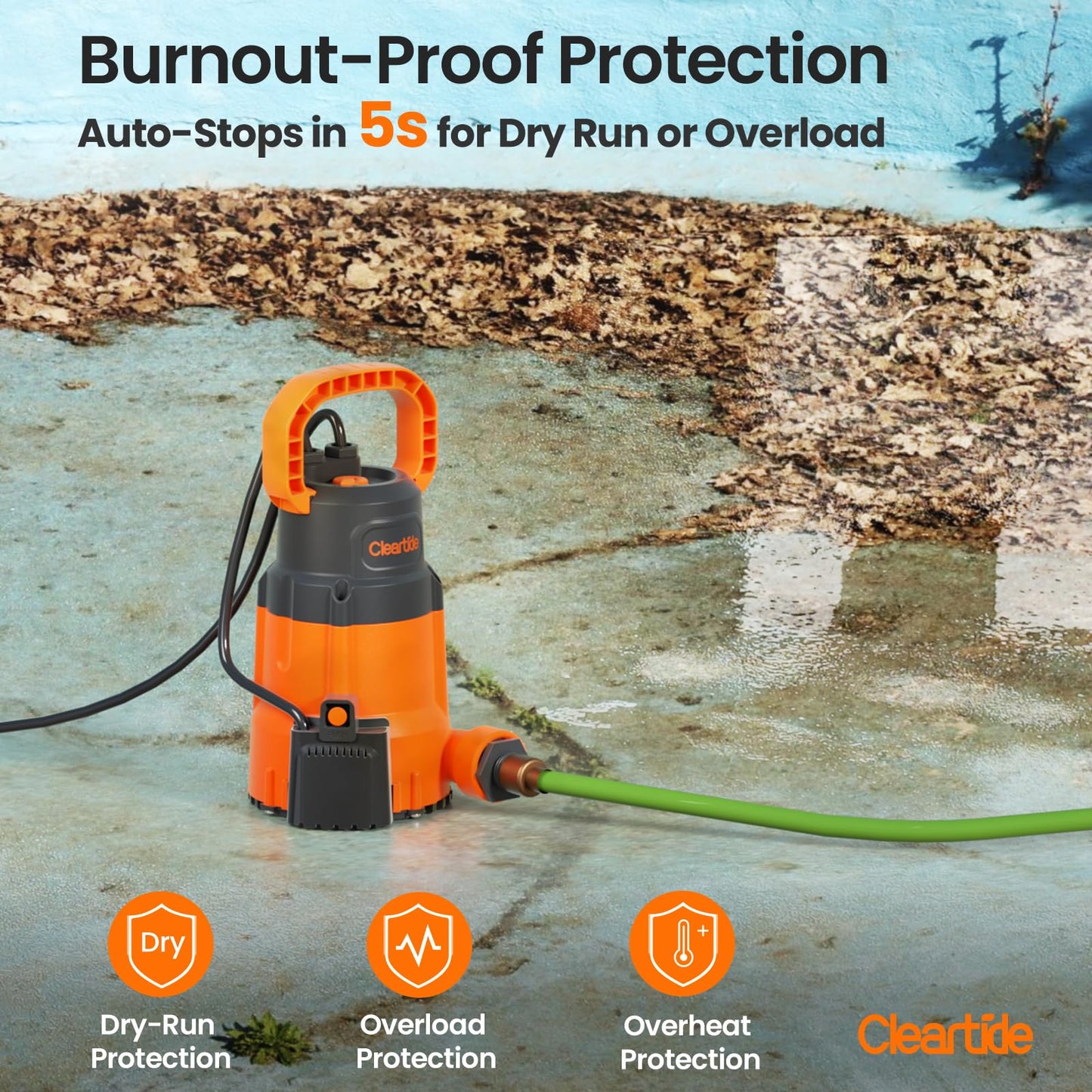 Cleartide 1/4 HP Submersible Utility Water Pump, 2160 GPH High Flow, Portable Sump Pump with Auto Water Sensor for Pool, Flooded Basement, Hot Tub, Pond Draining