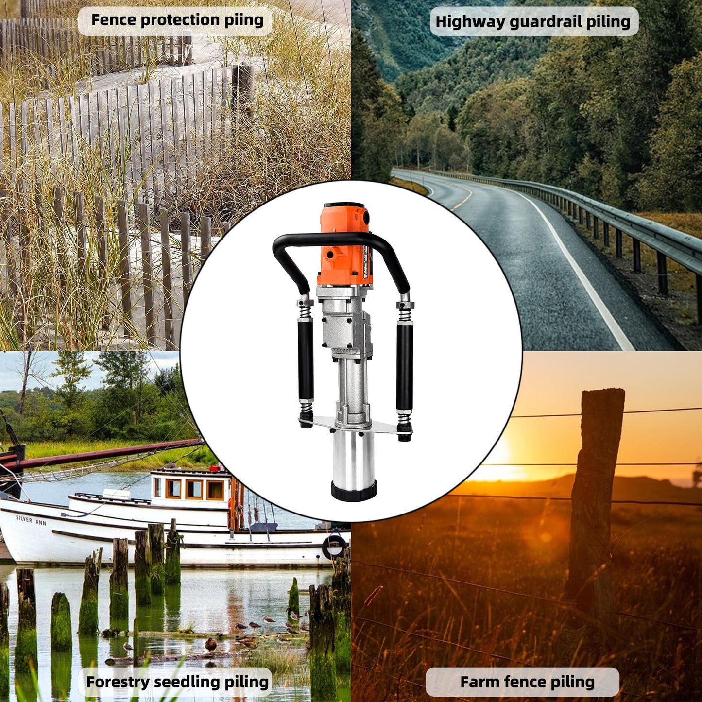 HIGOSPRO 1250W Electric T Post Driver - 110V Handheld Pile Driver with 1700 BPM, 3 Pile Sleeves (45mm/55mm/88mm) for Fencing & Construction