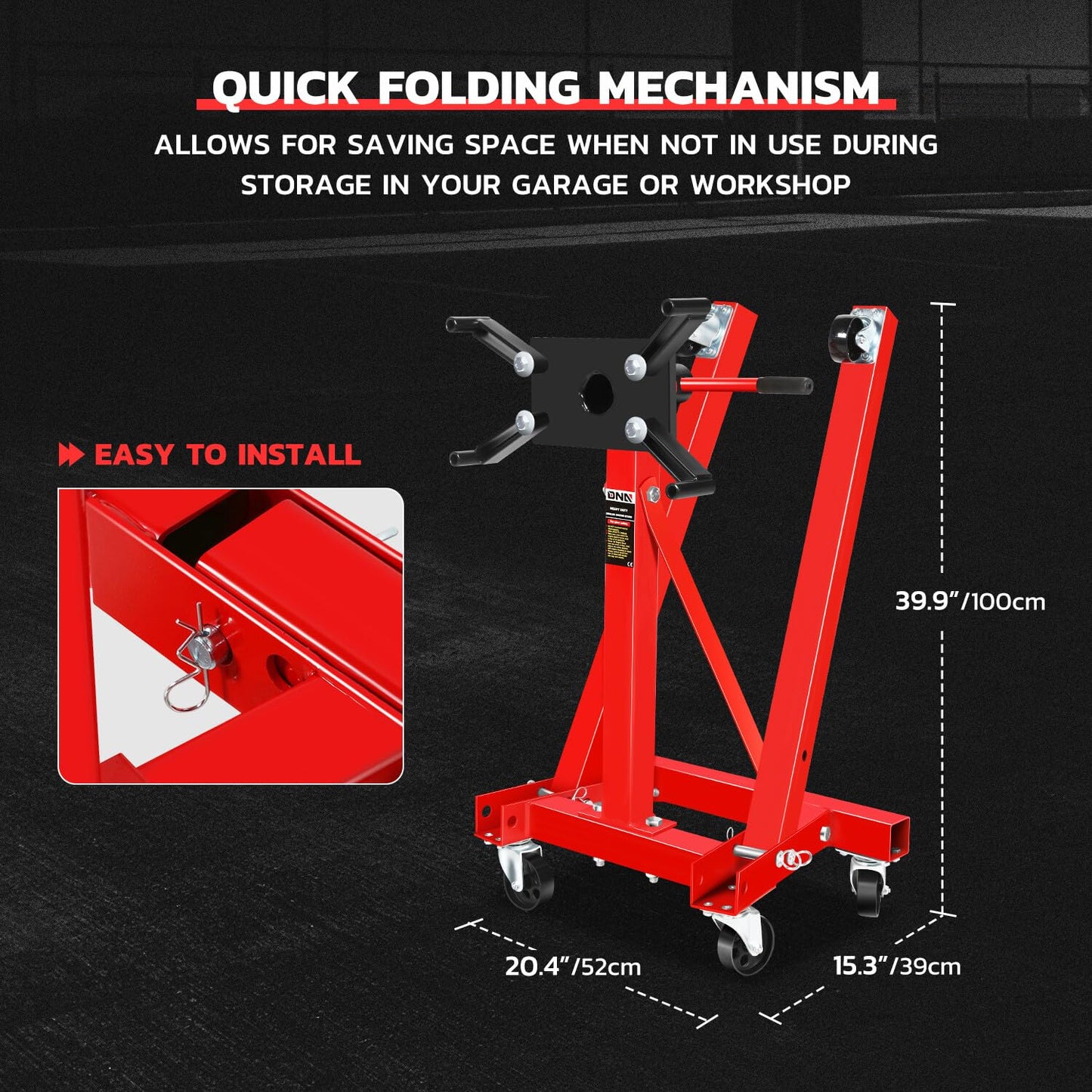 DNA Motoring Foldable 360 Degree Rotating Head Engine Motor Stand 2000Lb Capacity with 6-Casters, 4 Adjustable Arms, Red, TOOLS-00325