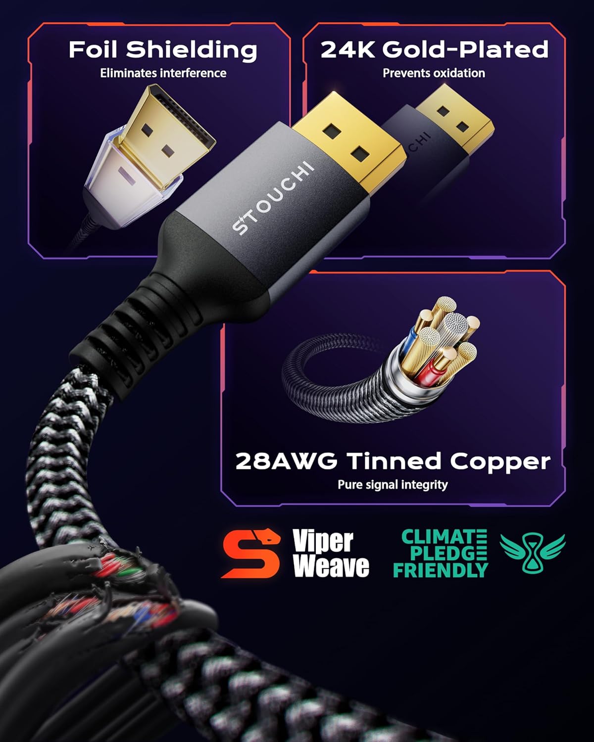 2 Packs 2.1 10FT, 54Gbps UHBR13.5 [16K 8K 4K@240Hz] 1.2a, 5090/4090, Stouchi VESA Certified DisplayPort Cable DP Cord