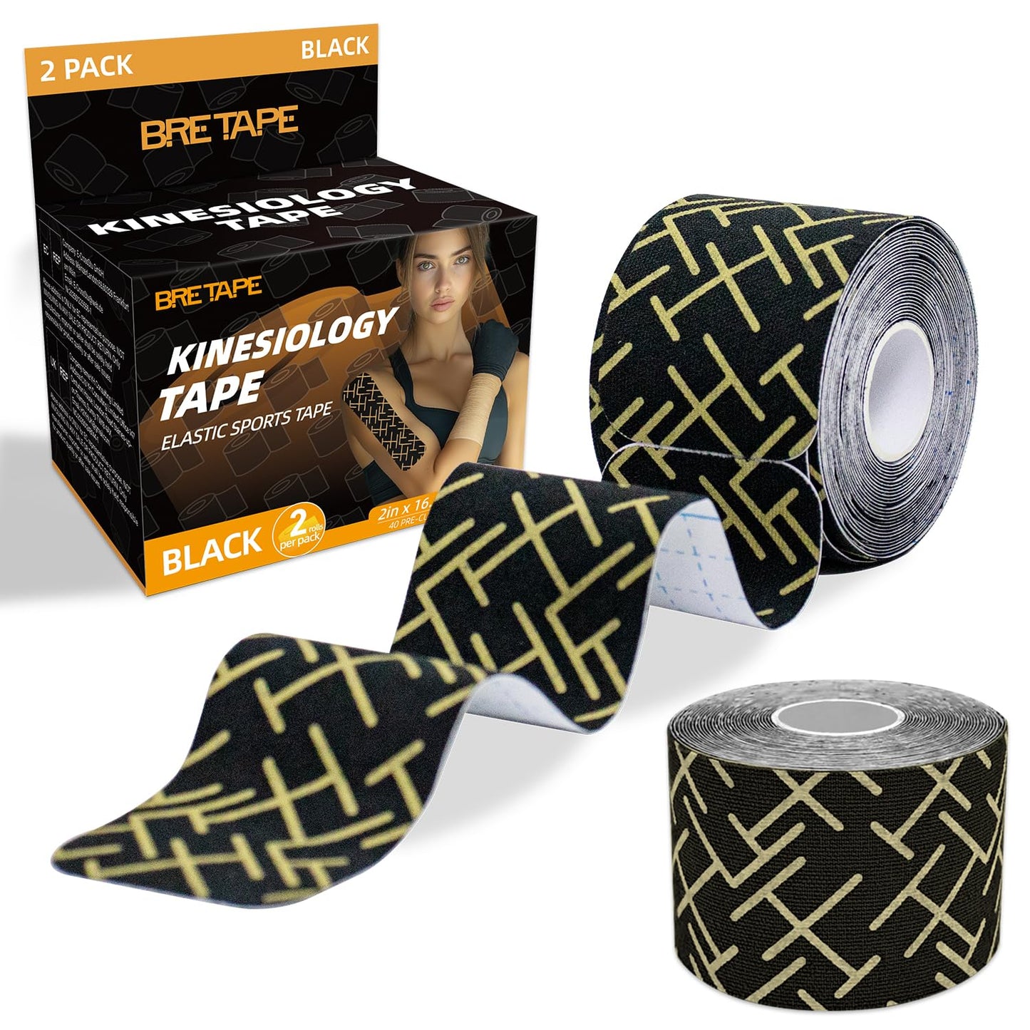 Kinesiology Tape, Premium Precut 2 Roll Pack Flexible & Breathable Athletic Tape for Shoulder, Knee and Ankle, Elastic K Tape for Sport & Weightlifting, Muscle Strain Relief & Joint Support - Black