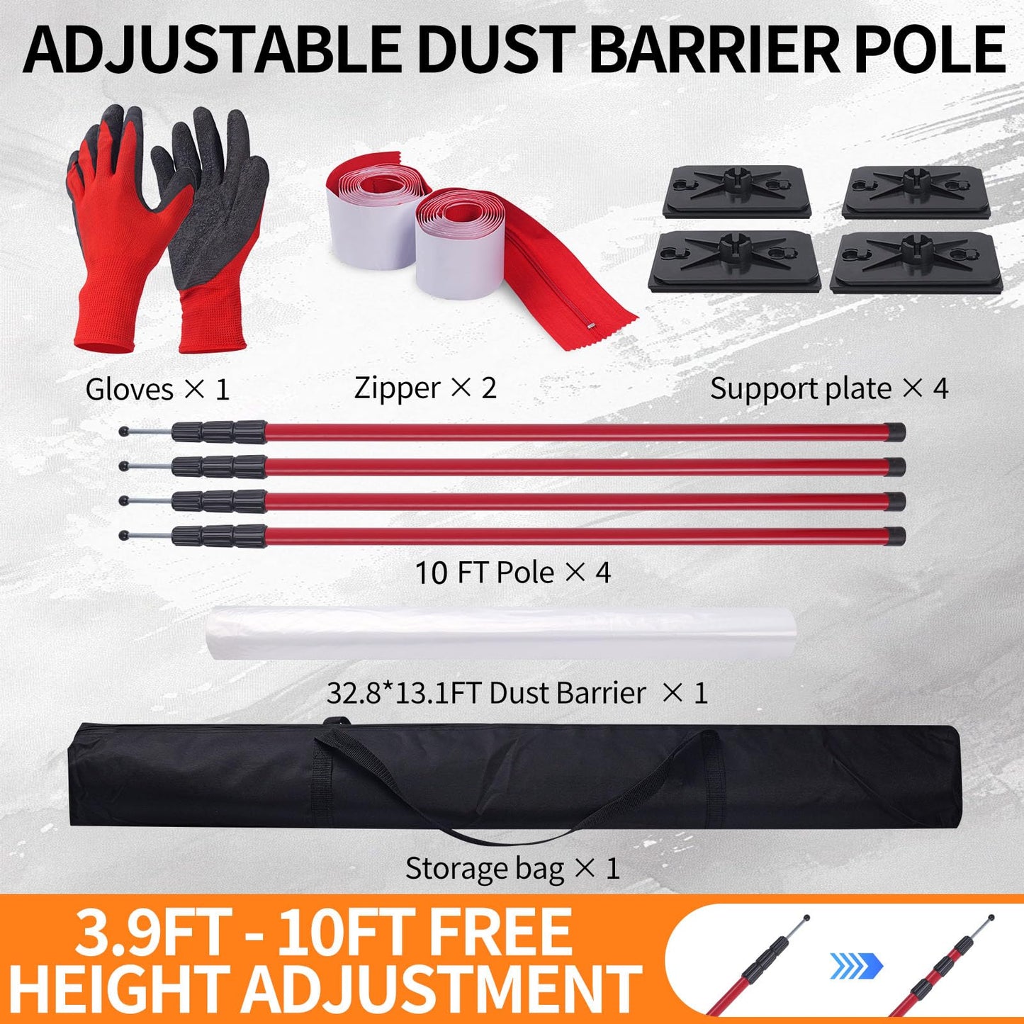 10FT Dust Barrier Poles Kit with Plastic Sheeting (32.8x13.1FT), 2 Heavy-Duty Zippers & Gloves – Telescoping Poles for Temporary Dust Barrier System, Home Renovation & Construction (4PCS)