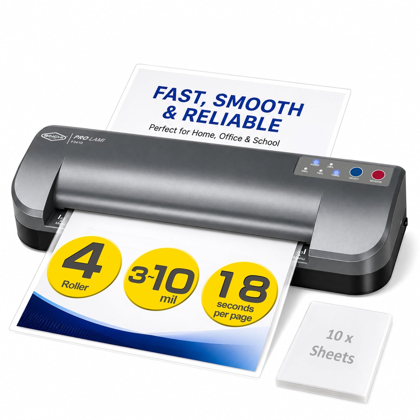 SINCHI 13-Inch Thermal Laminator & Foil Applicator, 3–10 Mil, 4-Roller, 55s Warm-Up, 18 seconds/page, Auto Shutoff, Commercial-Grade Laminating Machine with 10 Pouches for Office, School, Crafts & DIY