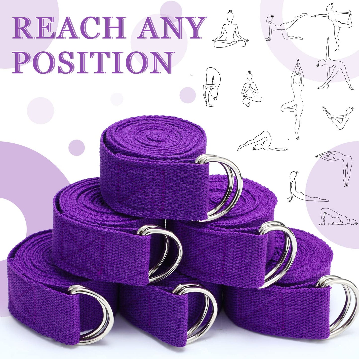 6 Pcs Yoga Strap for Stretching 8 Ft Yoga Exercise Adjustable Straps Bands with Safe Adjustable D Ring Buckle for Pilates Gym Workouts Fitness Improves Sitting Posture(Purple)
