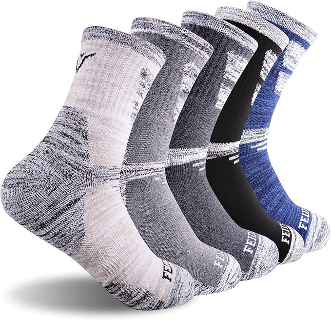 FEIDEER Men's Hiking Walking Socks, Multi-pack Wicking Cushioned Outdoor Recreation Quarter Crew Socks