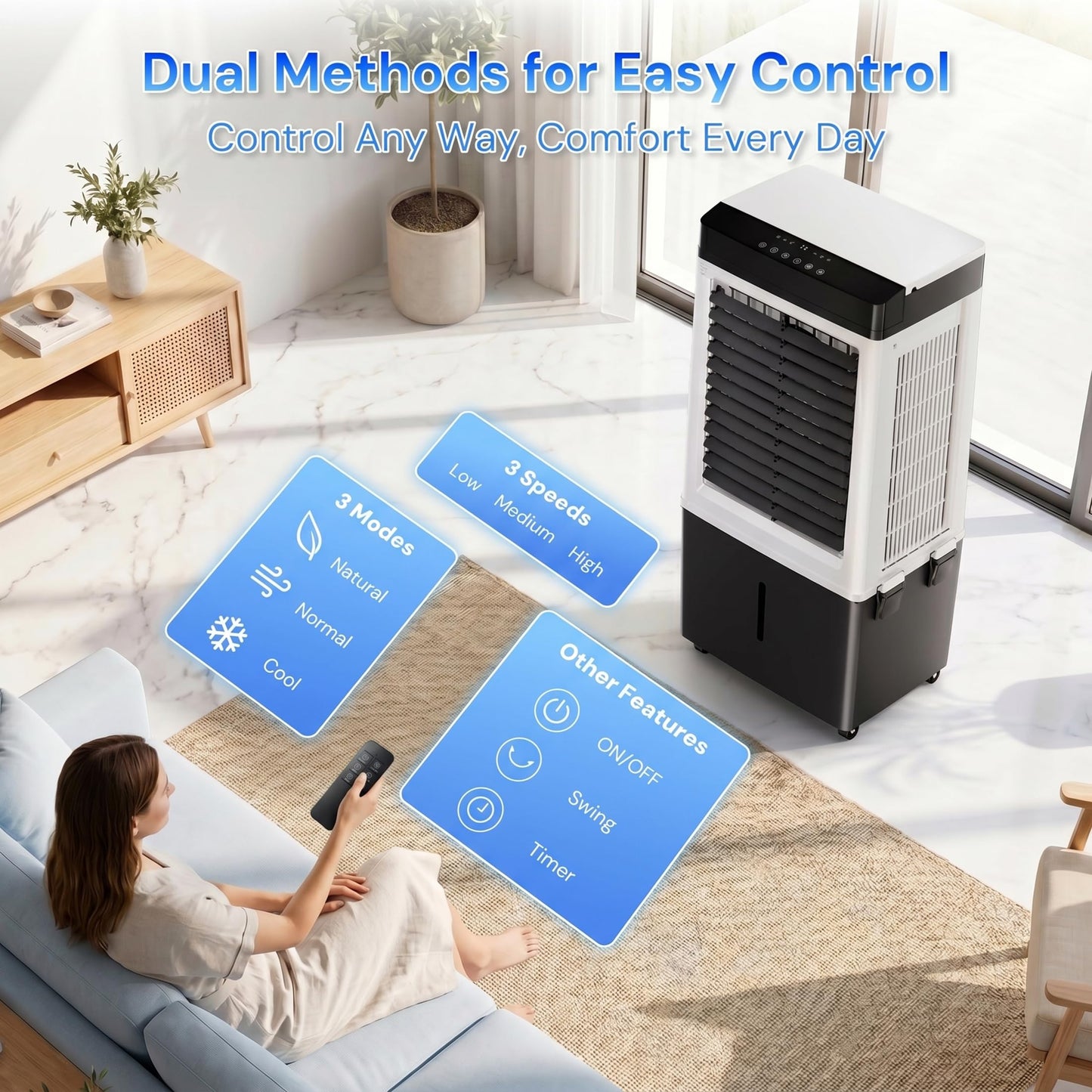 Swamp Cooler, 2200 CFM Evaporative Air Cooler with 8 Gal Water Tank, 4 Ice Packs, 120° Swing,12H Timer,3 Modes,3 Speeds, 3-IN-1 Windowless AC Unit, Room Cooler Portable Air Conditioner for Indoor Use