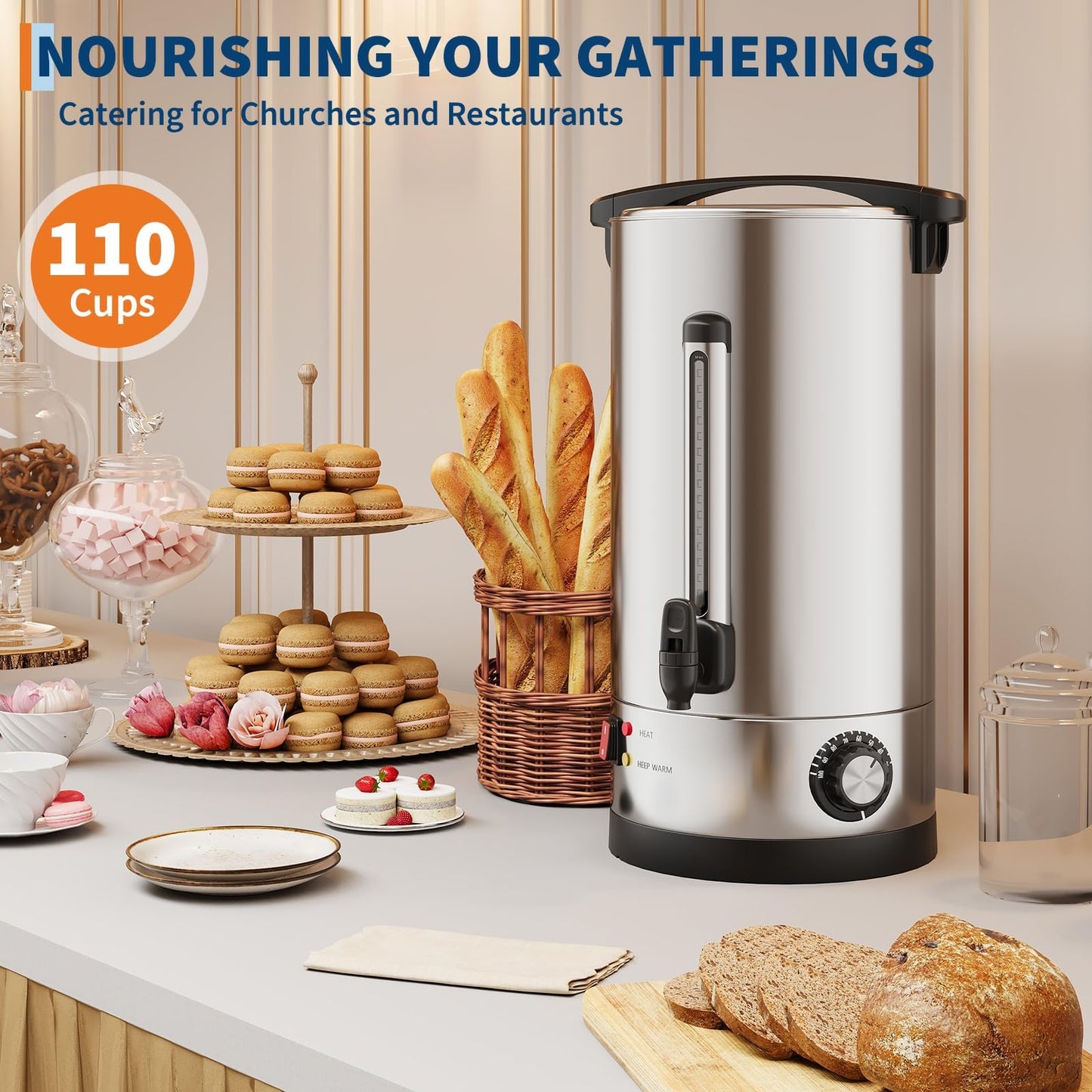 Sunvasagoo 110 Cups Double Wall Insulated Commercial Coffee Urn, 16L / 4.2 Gal Stainless Steel Hot Beverage Dispenser with Auto Temperature Control for Catering & Buffets, Silver