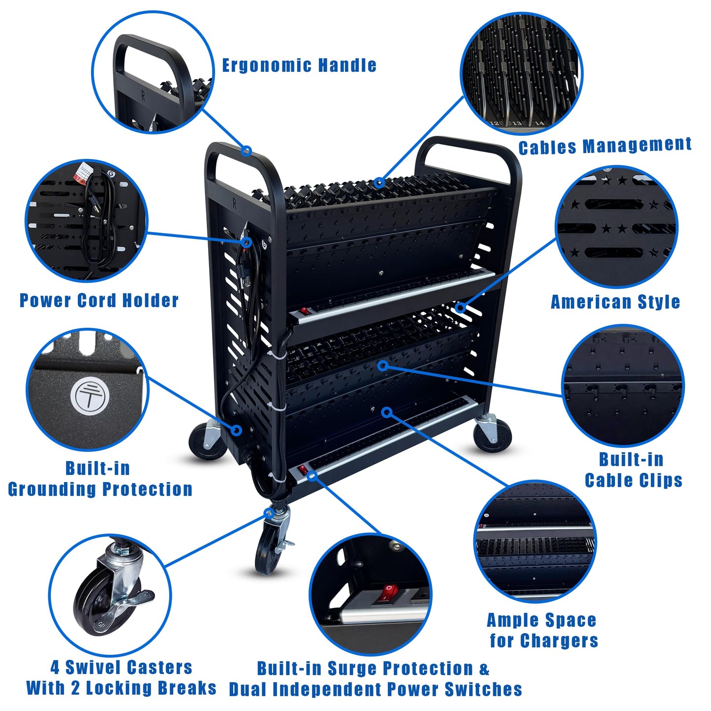 Plugsharge 32-Device Laptop & Tablet Charging Cart for Classroom, Mobile Chromebook Charging Station with Cable Management, Surge Protection, Locking Wheels & Device Storage for Schools & Offices