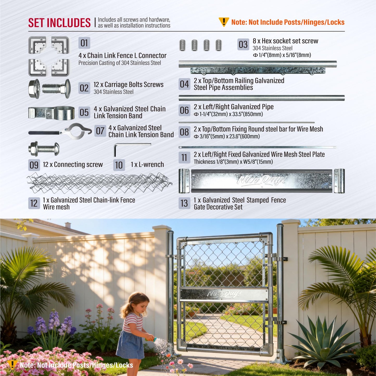 3x3FT(31.5"W x 35.5"H) Heavy Duty Galvanized Steel Chain Link Gate, Durable Outdoor Fence Gate Easy Installation for Backyard丨Garden丨Pet Yard