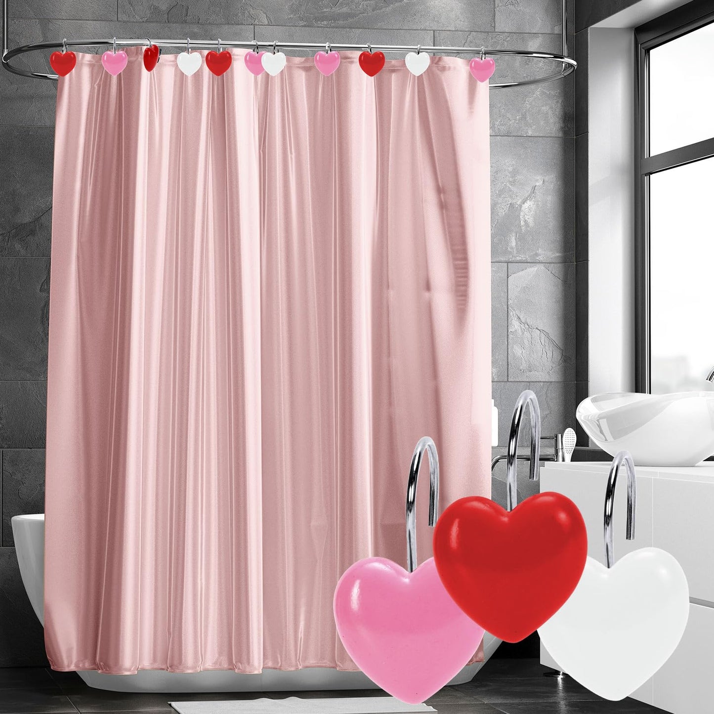 Whaline 12Pcs Valentine's Day Shower Curtain Hooks Decorative Heart Resin Shower Rod Rings Heart-Shaped Anti Rust Curtain Hanger Hooks for Living Room Bedroom Bathroom Decor