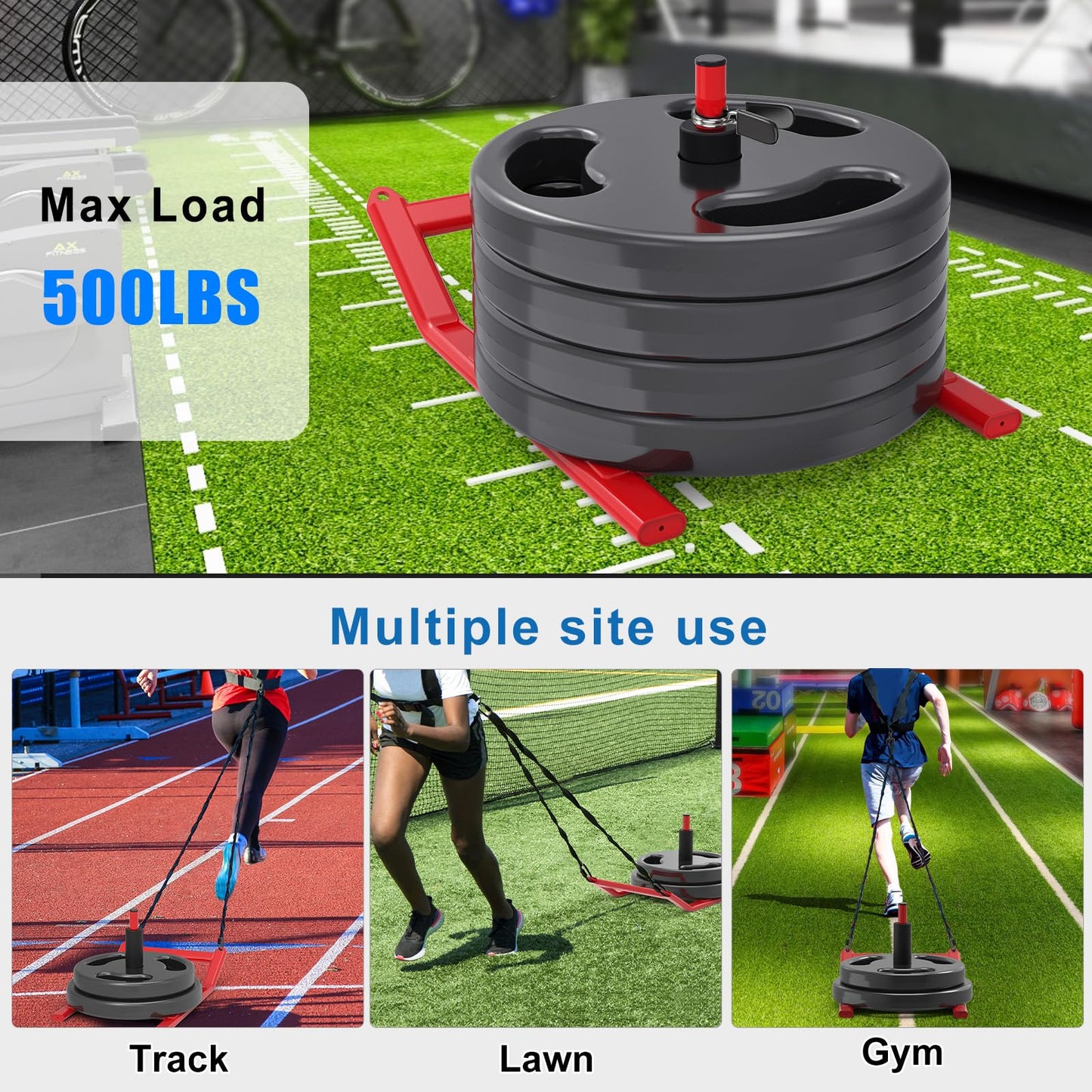 BeneLabel Weight Sled Fitness Strength Training Sled Red Weighted Training Sled Fits 1" & 2" Weight Plates Workout Sled Exercise Sled for Speed and Soccer Training