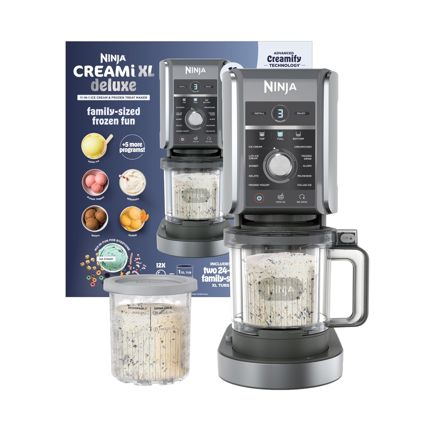 Ninja CREAMi Deluxe Ice Cream Maker | 11-in-1 Create Frozen Desserts, Sorbet, Milkshakes, Yogurt & More | Includes 2 Dishwasher Safe XL 24 Oz. Tubs with storage lids | Silver | NC501