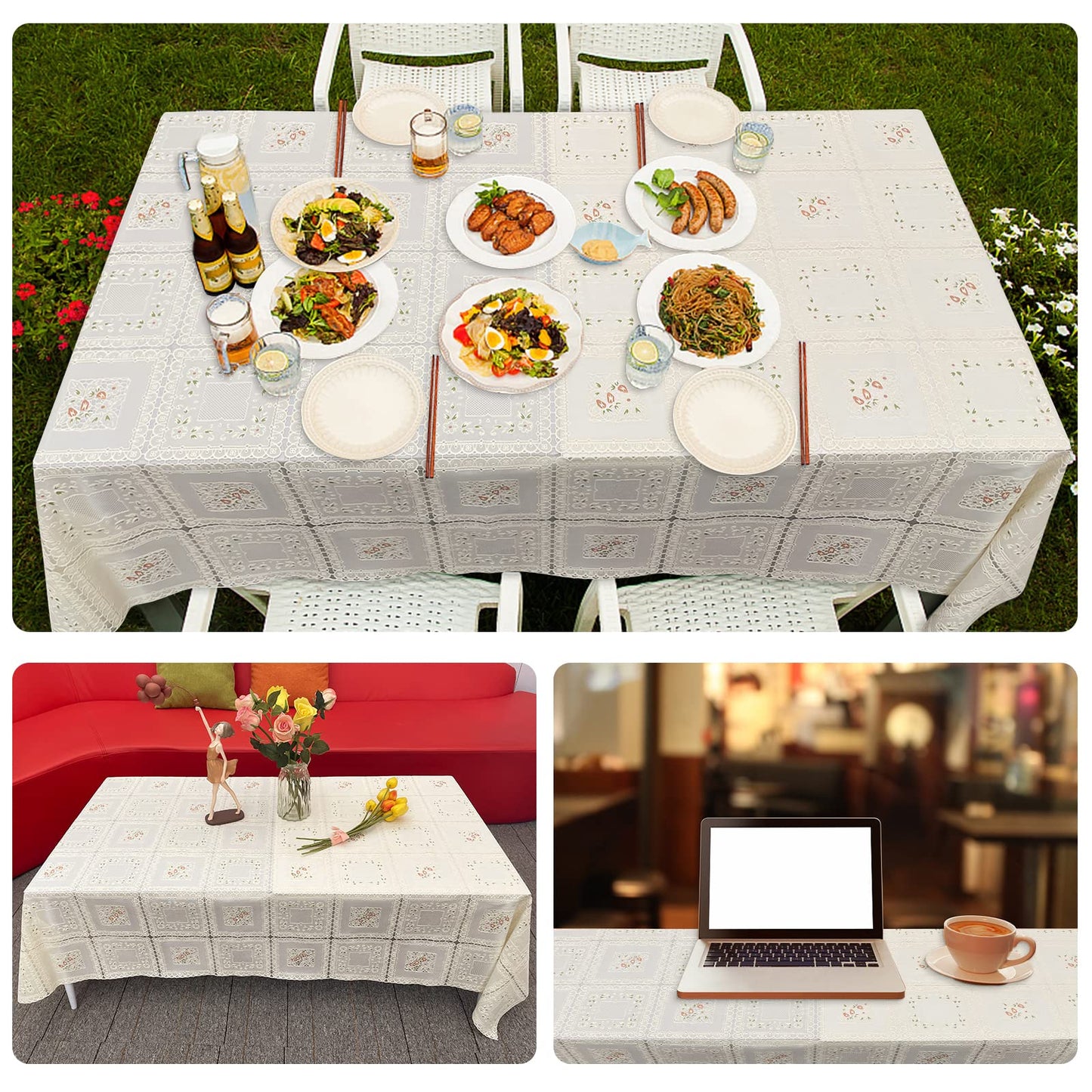 iSamzan Waterproof OilProof Vinyl Table Cover, Plastic Lace Tablecloth for Rectangle Table, Textured Home Decor for Parties, Dining, Kitchen, Outdoor