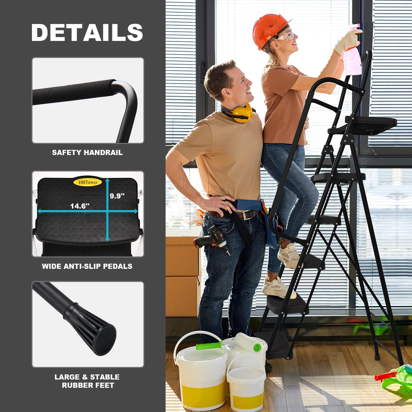 HBTower 5 Step Ladder, Folding Step Stool with Wide Anti-Slip Pedal, Tool Tray & Handrails, 330lbs Capacity for Home and Kitchen, Black
