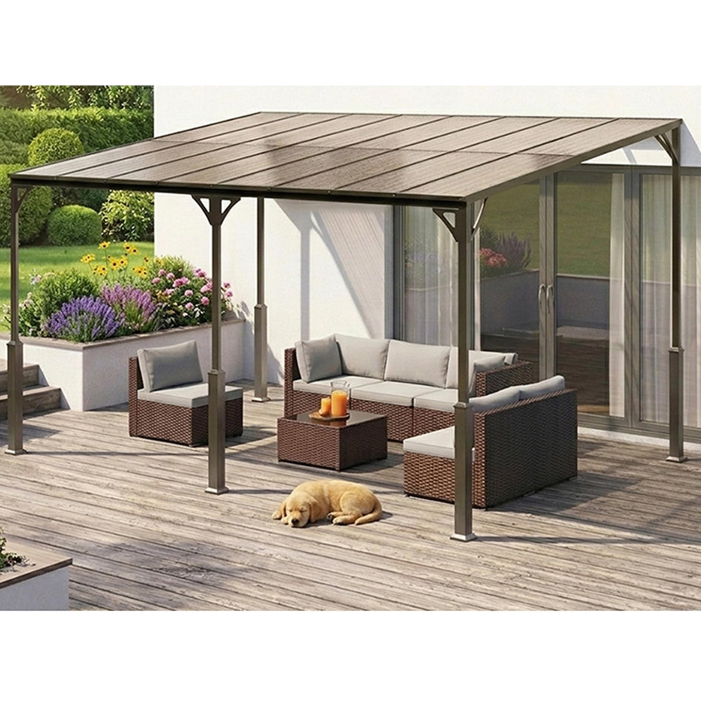 Ahomly 14' x 10' Wall-Mounted Lean-to Gazebo — Weather-Resistant Hard Roof, Reinforced Steel Frame, Heavy-Duty Patio Awning, 140 sq ft Shade for Patio, Deck, Backyard(Grey)