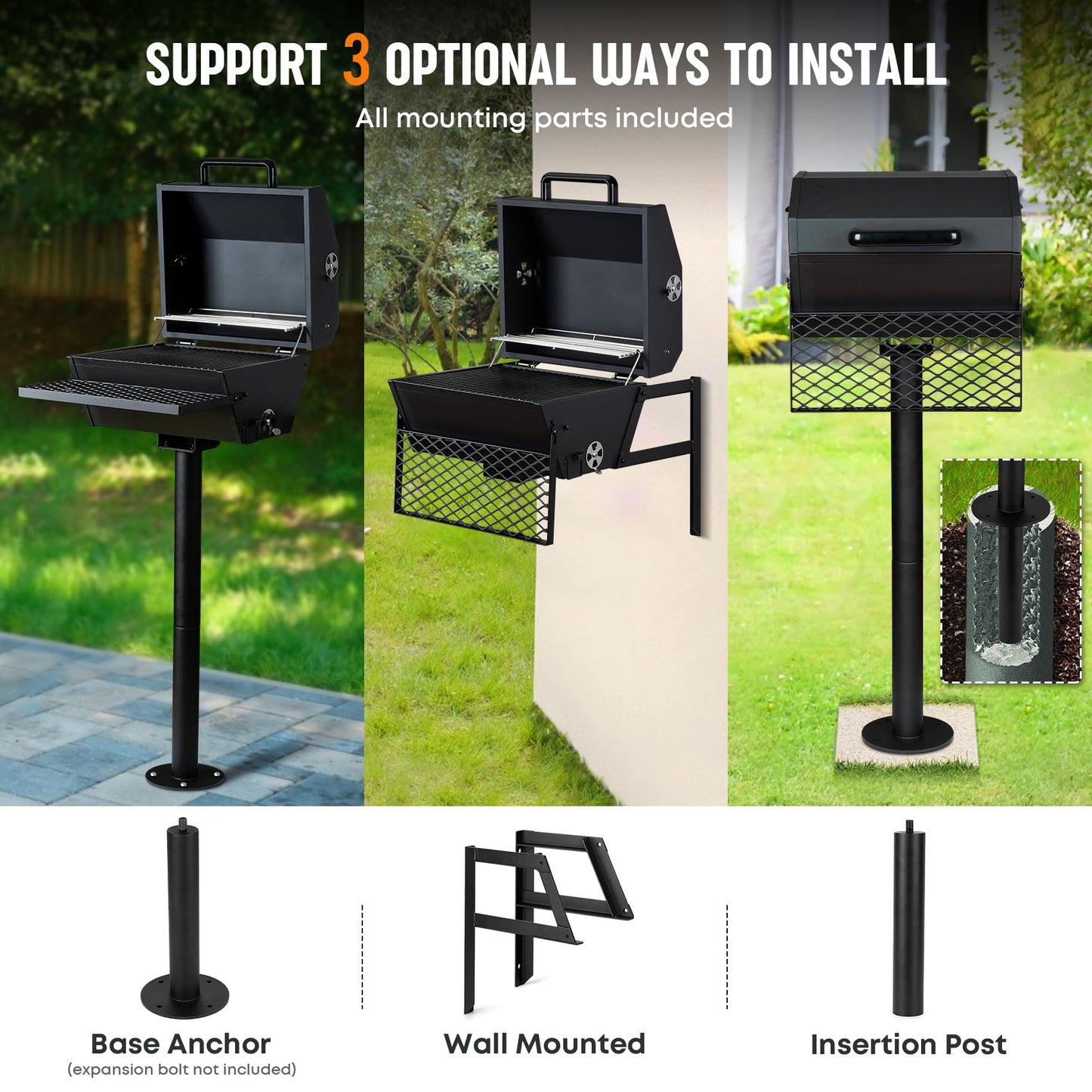 Stanbroil Park Style Charcoal Grill with Cover, Portable Park BBQ Grill Heavy Duty Porcelain Steel Cooking Grate, Folding Front Table, Stand Post for Backyard, RV Cooking, Camping, Tailgating