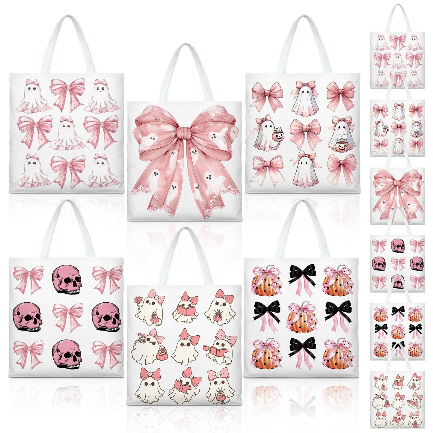 Kosiz 6 Pcs Halloween Tote Bags Bulk Pink Ghost Tote Reusable Trick or Treat Goodie Bags Cute Ghost Canvas with Handles for Halloween Bow Pumpkin Canvas Supplies Shopping Party Favors