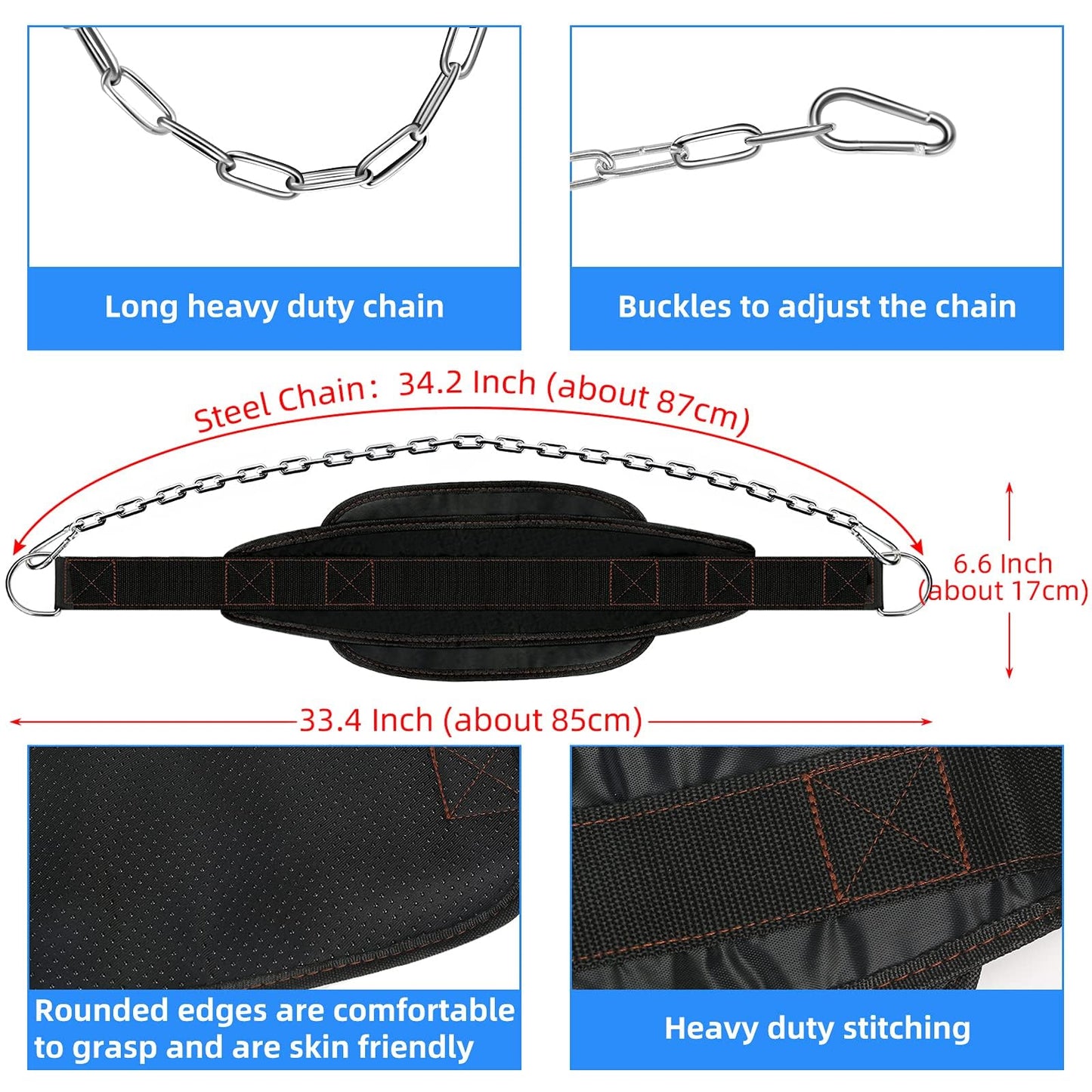 Dip Belt for Weight lifting, Weight Belt with 34'' Extra Long Adjustable Steel Chain, Pull Up Belt for Powerlifting, Strength Training and Bodybuilding, Comfortable Waist Back Support for Men & Women
