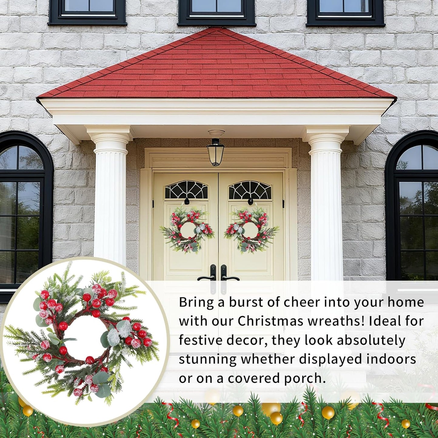 Skiennix Christmas Candle Rings - Mini Wreaths with Red Berries | 4-Pack 2.76-Inch Snowy Pine Decor