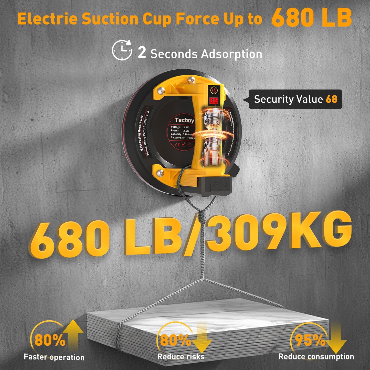 Electric Tile Suction Cups Lifter Tool Suction Cup for Glass 8" Heavy Duty 680 Lbs Battery Powered with 4X 2400mAh Batteries, Auto Start Pump, for Lifting Large Glass, Tile, Granite, Metal, Floor