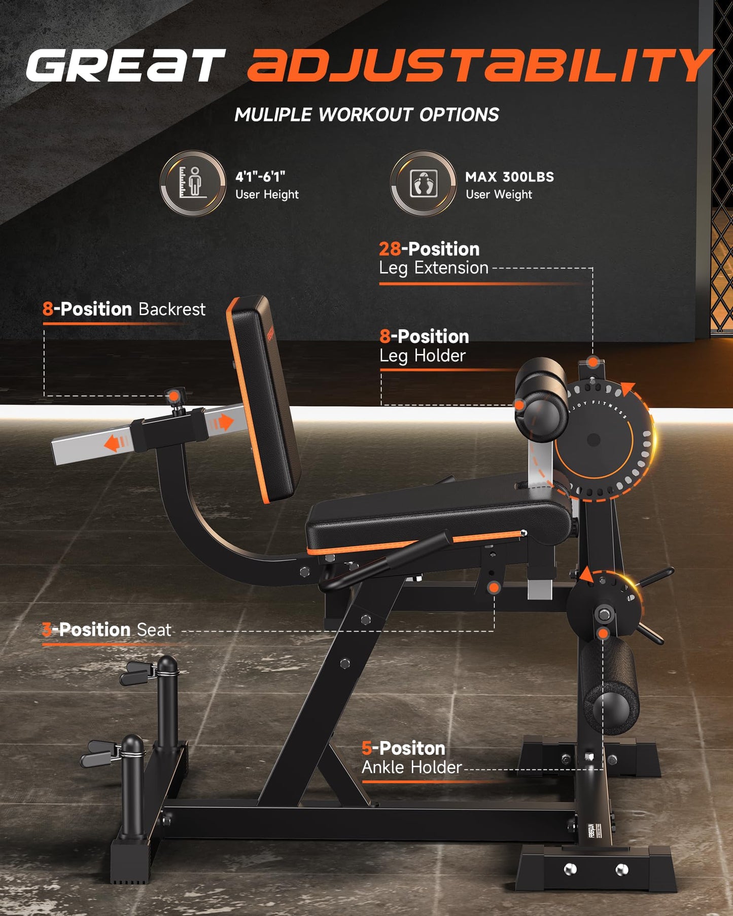 FEIERDUN Adjustable Leg Extension Curl Machine, Adjustable Leg Curl Machine, Black-Orange