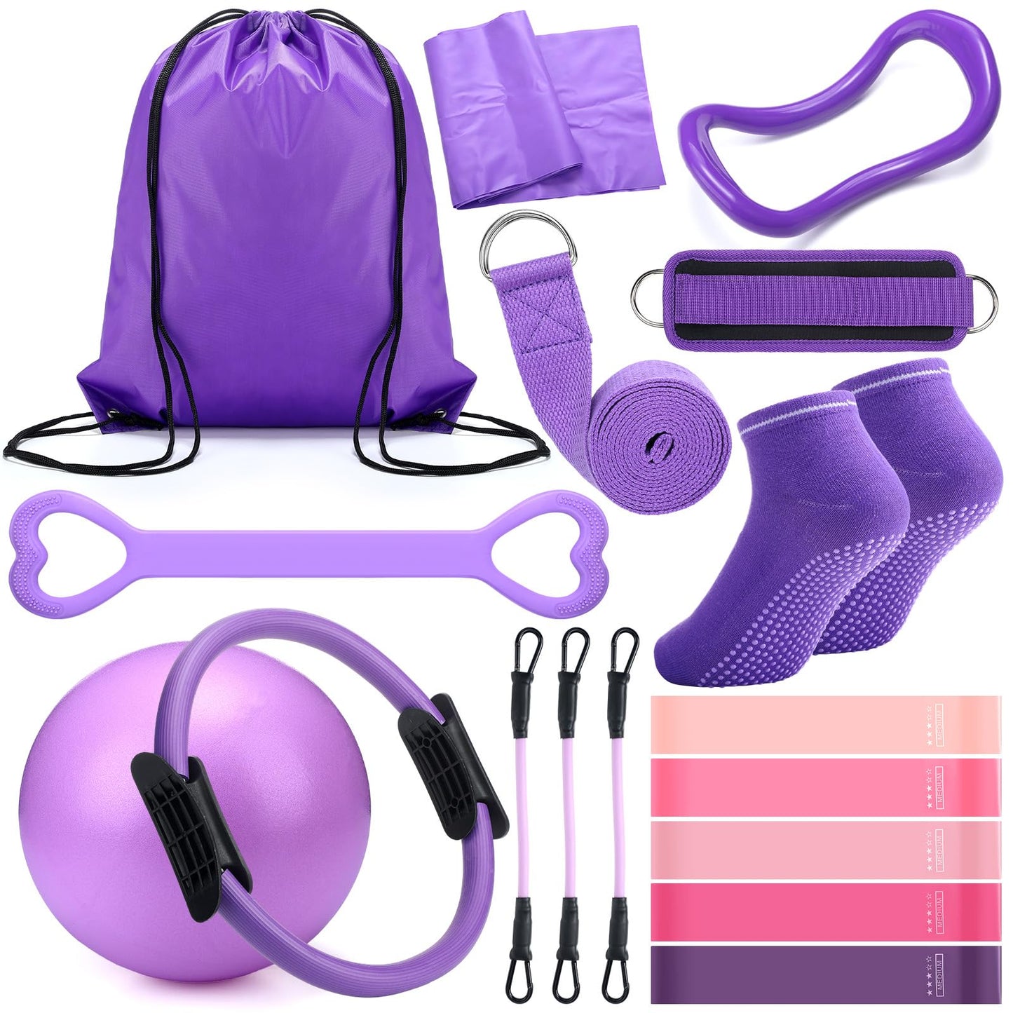 RoundFunny Pilates Ring Circle Set 18 Pcs Exercise Equipment Accessories for Women Workouts Pilates Ball Stretching Strap Magic Circle Yoga Ring Gym Back Bag Resistance Band Anti Slip Socks (Purple)