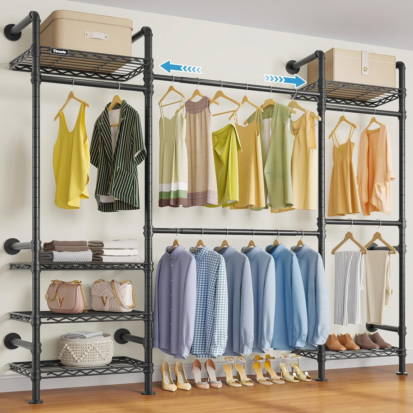 Timate F3 Medium Wall Mounted Clothes rack Expandable Closet, Industrial Pipe Clothing Rack for Hanging Clothes, Heavy Duty Clothes Rack with Shelves, Garment Rack Wall Closet System Black Pipe Closet
