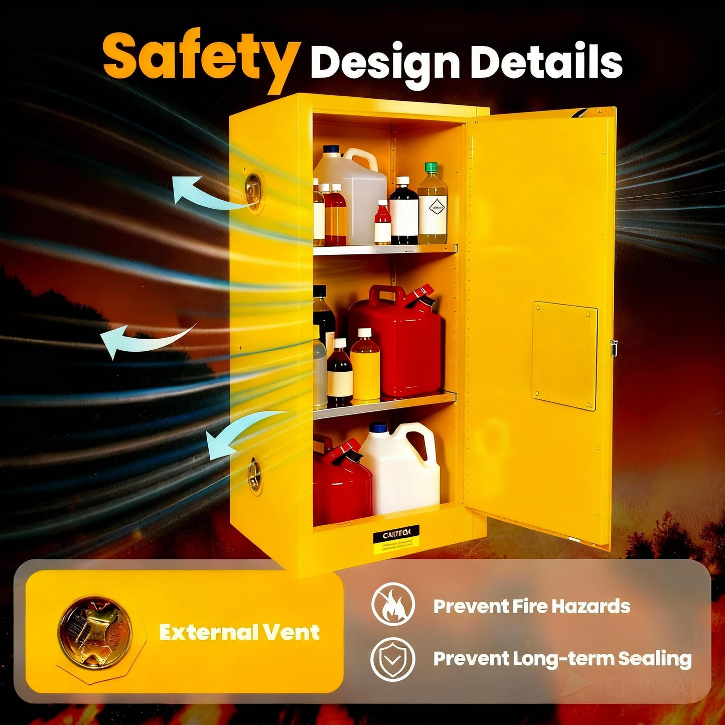 Flame Cabinet - OSHA/FM, 3-Point Lock & Leakproof Design | CE/ROHS Certified | Double-Walled Fireproof for Hazardous Material Storage, Gasoline Cans (35" x 23x 23)
