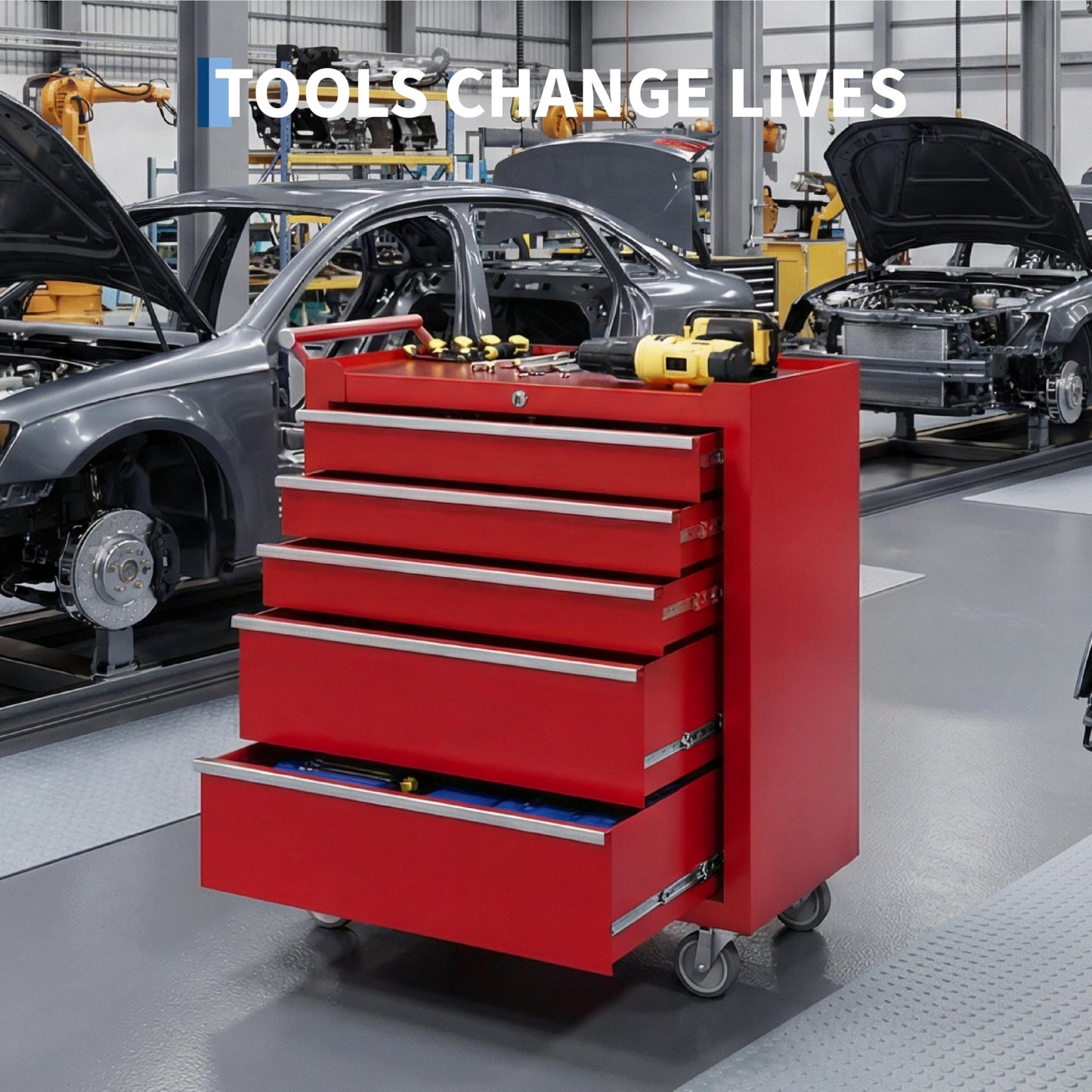 PeakPursuit 5-Drawers Rolling Tool Chest, Portable Tool Box with Wheels and Lock System, Secure Storage Cabinet for Warehouse, Workshop, and Repair Shop, Red