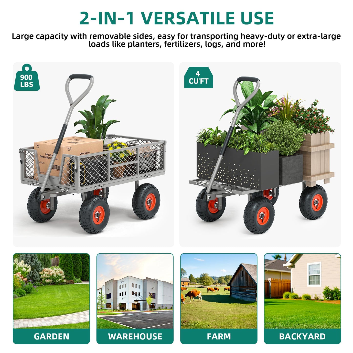 Autodaya Heavy Duty 900 lbs Capacity Garden Cart Wagon with 10" Pneumatic Tires & Removable Mesh Sides - 180° Rotating Handle, 4 Cu.Ft Utility Wagon for Yard, Garden, Hauling, All Terrain Outdoor Use