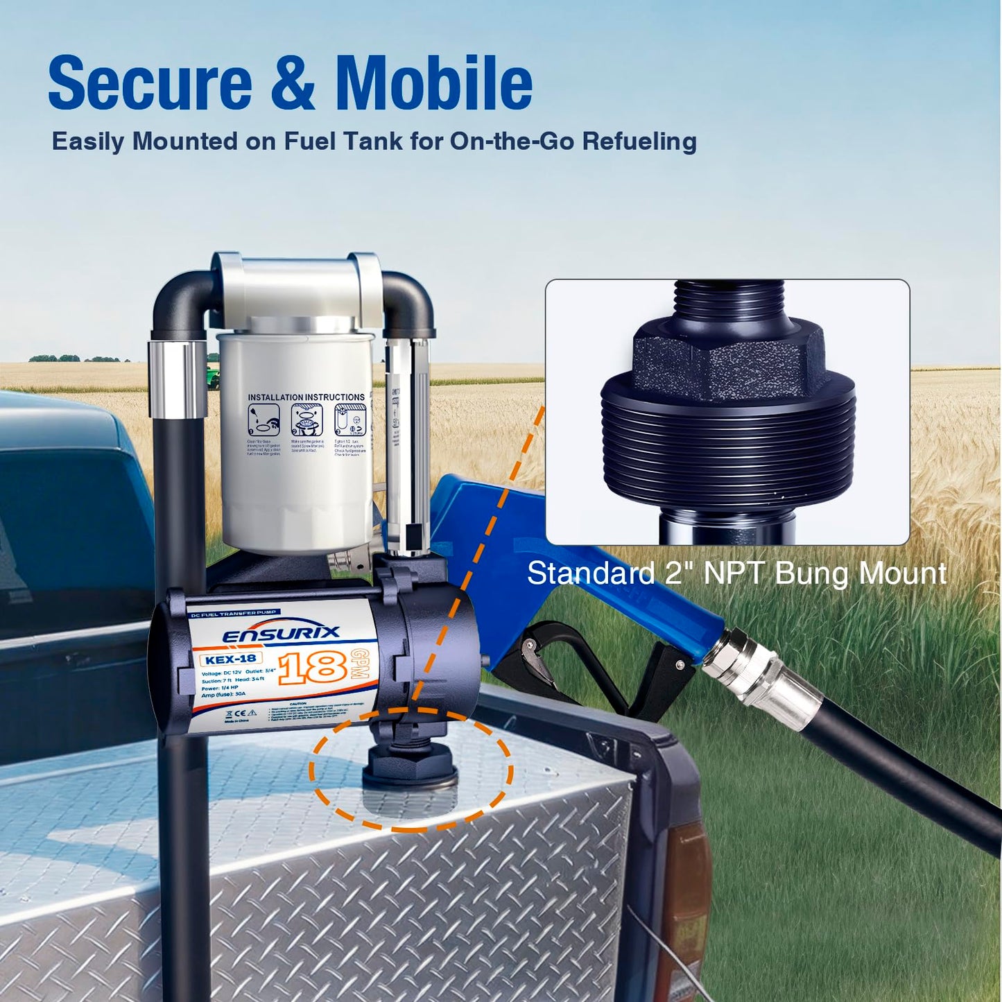 Ensurix 12V Fuel Transfer Pump Kit 18 GPM - Explosion-Proof Gas & Diesel Transfer Pump with Auto Shut-Off Nozzle & Filter - 12 Volt Heavy Duty Fuel Transfer Tank Pump for Tractors, Boats & Job Sites
