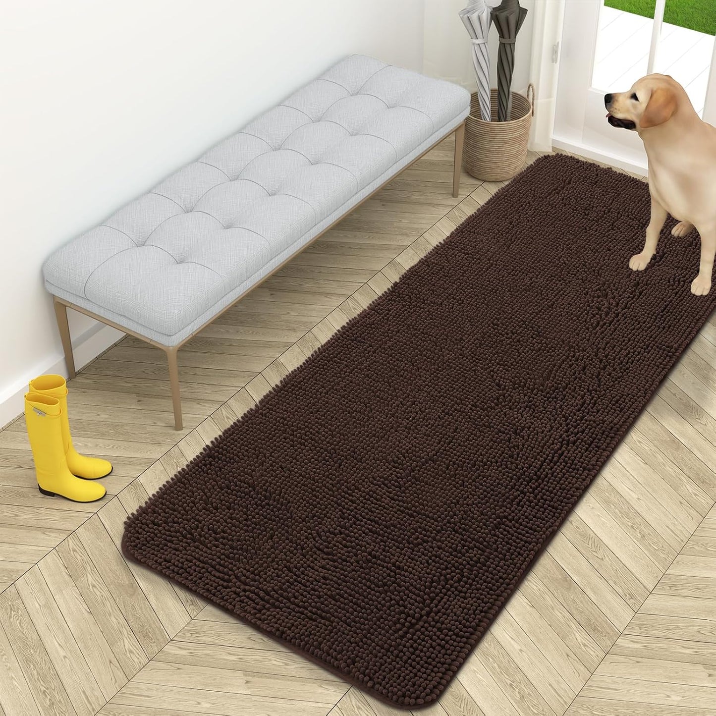OLANLY Dog Door Mat - Absorbent Non-Slip Chenille Mat for Muddy Paws | 59x24 Inches, Brown