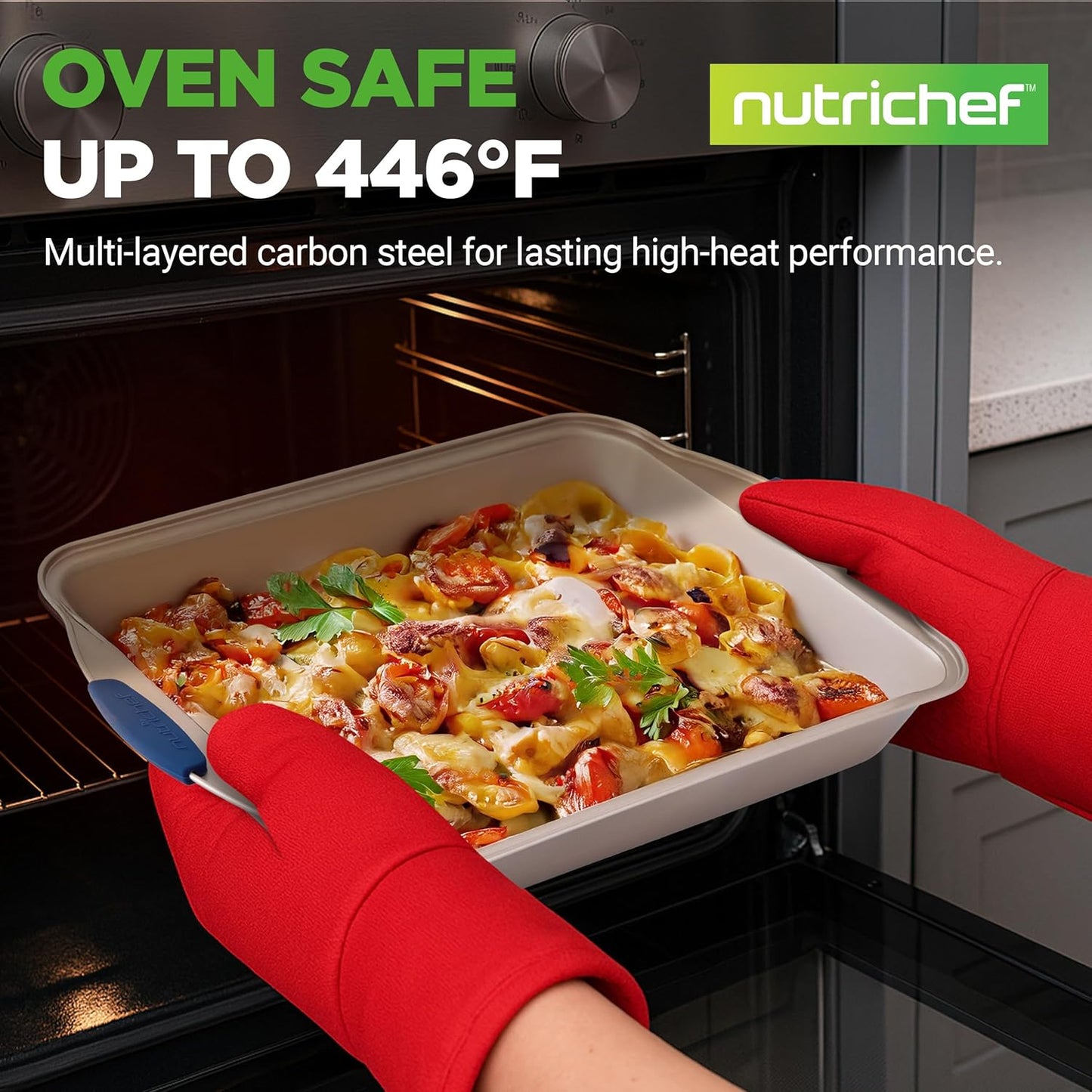 NutriChef 6-Piece Nonstick Bakeware Set | Premium Carbon Steel Baking Trays with Silicone Handles - Includes Loaf Pan, Muffin Pan, Round & Square Roasters, Cookie Sheet
