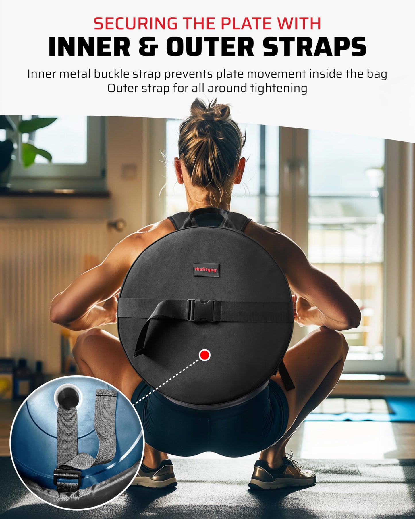 THEFITGUY Weighted Backpack for Gym Weight Plate - for Pushups, Calf Raises, Squats, Wear on Back or Front, Fits Up to 17.5” Diameter, 2.5” Thick Plate, Padded Straps & Secure Buckles - For Home & Gym