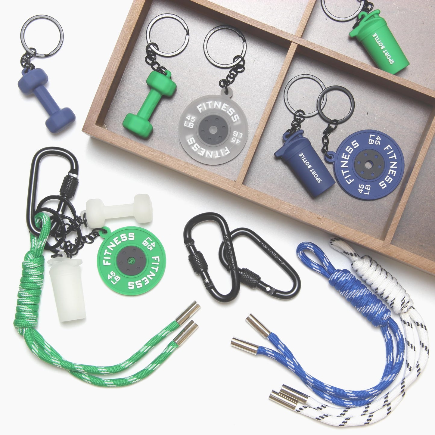 HEYTRCO 15PCS Fitness Rings Keychain Set, Dumbbell Kettlebell Water Bottle Charms with D-Shaped Clips, Gym Key Chains Accessories for Bags & Keys (Blue Green Translucent)