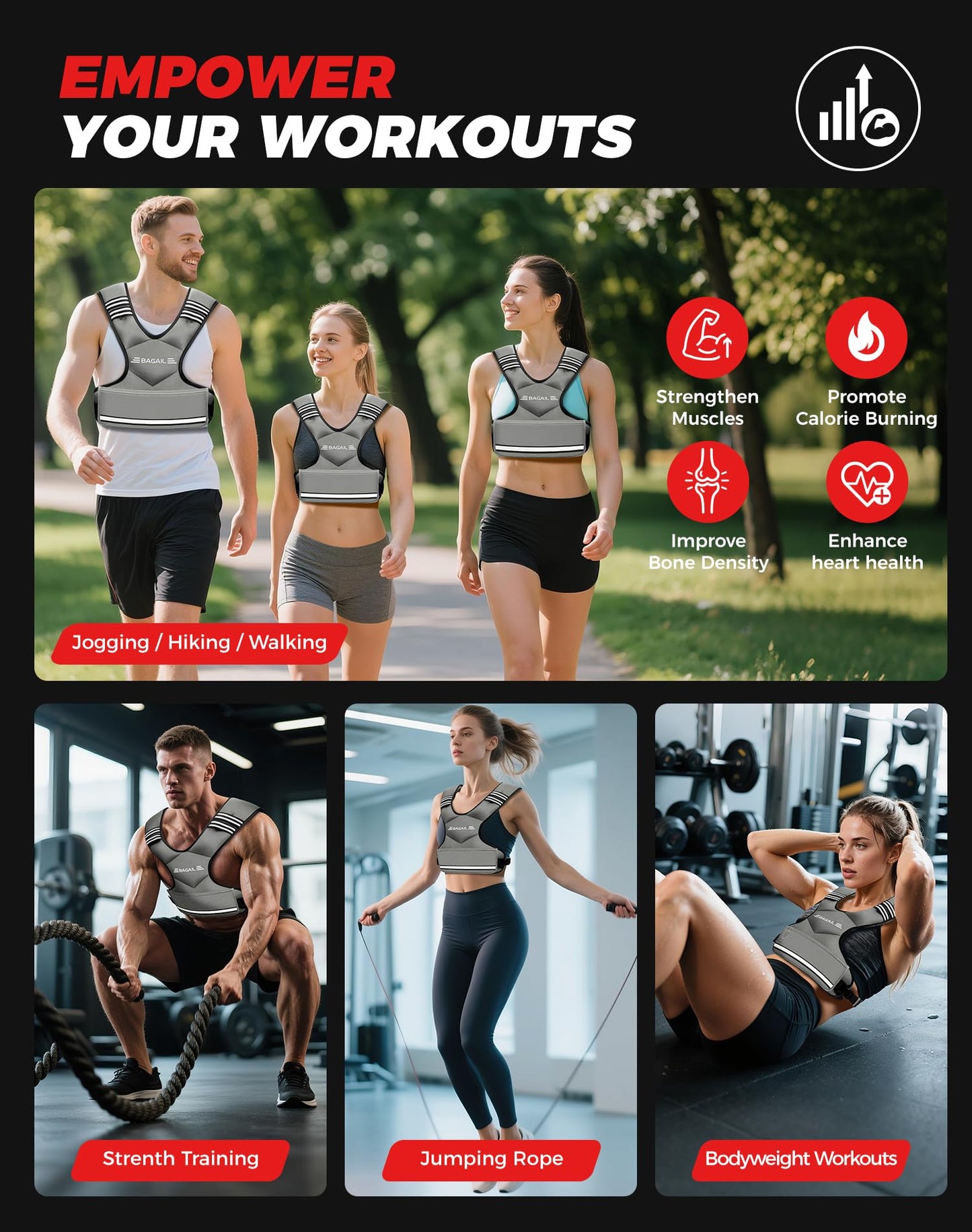 BAGAIL Adjustable Weighted Vest for Women 4-10lb, Comfortable U-Neck Rucking Vest with 6 Removable Weights, Storage Pocket and Reflective Strips for Walking, Jogging, Weight Loss & Home Workouts
