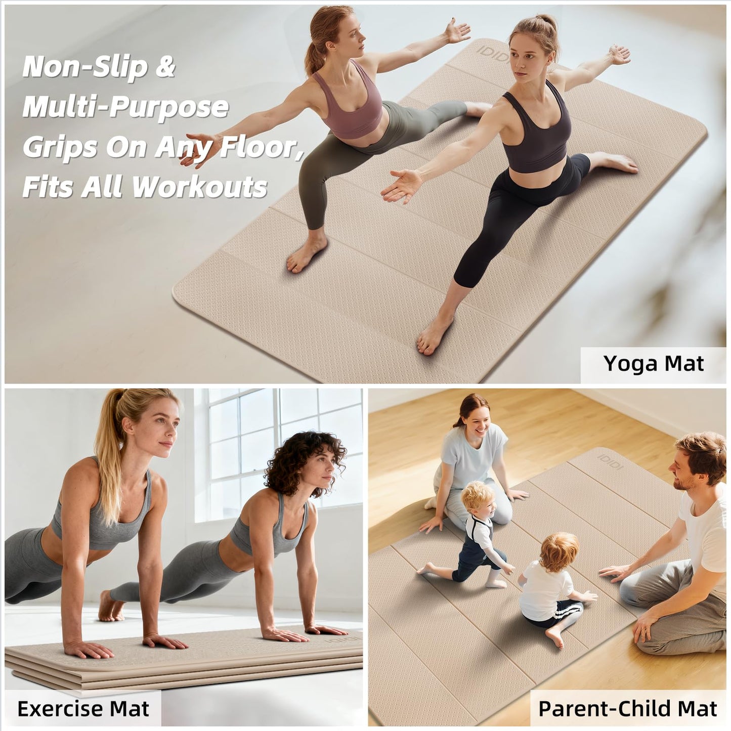 Foldable Yoga Mat Extra Thick & Large (74.0" x 47.2" x 0.4"), Double-Sided Non-Slip Lightweight Fitness & Pilates Mat, 10mm Thick Wide Exercise Mat for Men Women Kids, Portable Workout Mat for Gym, Studio, Travel, Home & Parent-Child Use (Beige)