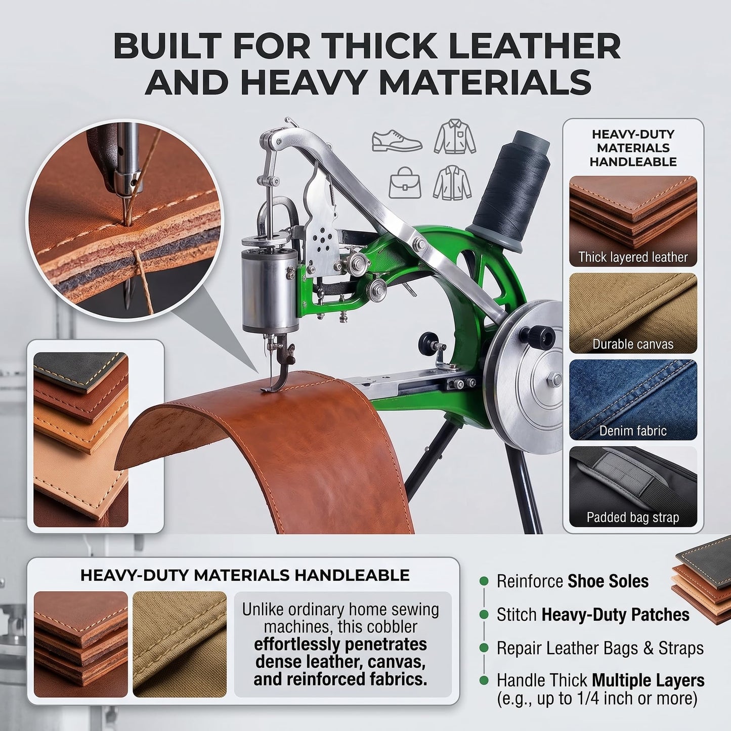 Leather Sewing Machine, Manual Cobbler Sewing Machine Leather, Shoe Repair Machine with Dual Cotton Nylon Line Canvas for Shoe Tents and Belt