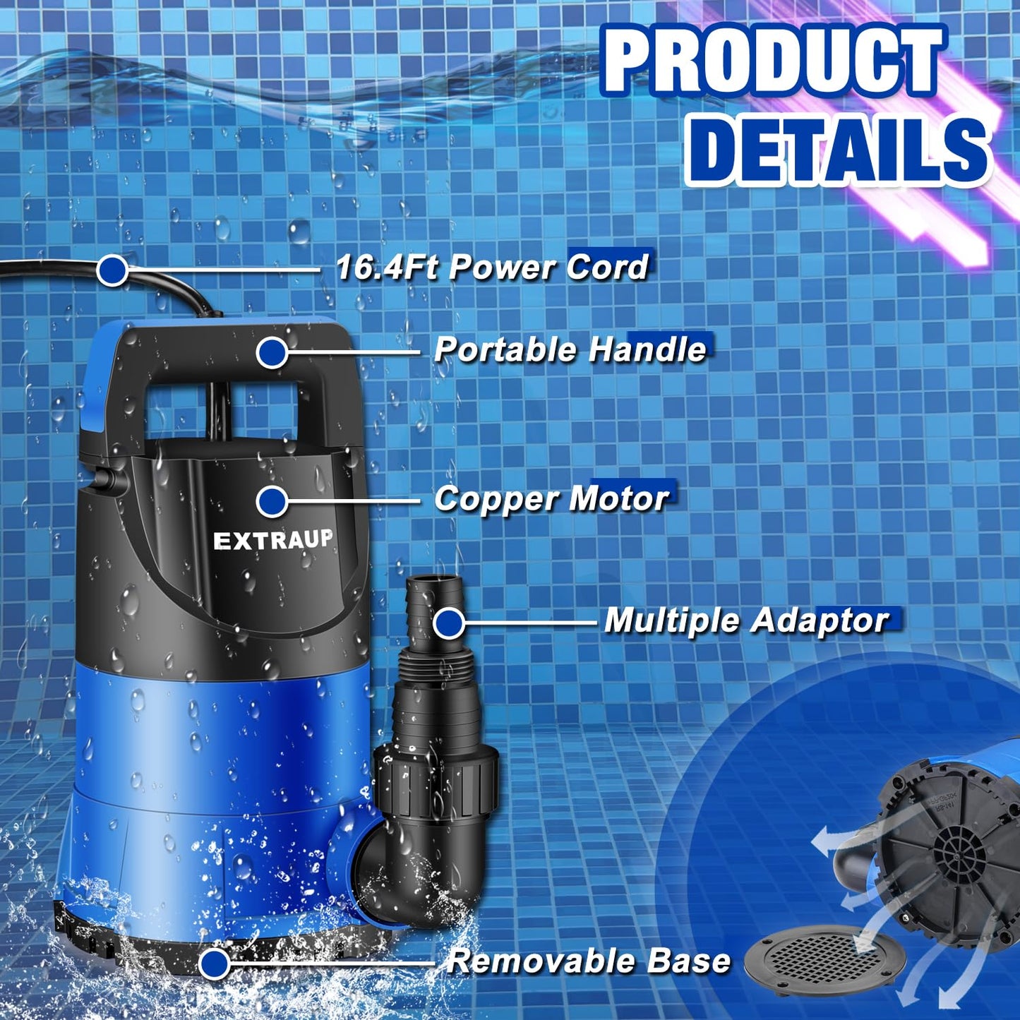 EXTRAUP Sump Pump 1HP Clean/Dirty Submersible Water Pump, Electric Thermoplastic Portable Utility Pump 3900 GPH low suction for Swimming Pool Garden Pond Basement Window Wells with 16.4ft Power Cord