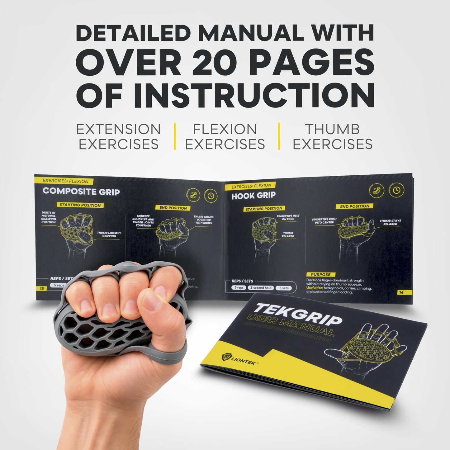LIONTEK TEKGRIP Hand Grip Strengthener & Finger Exerciser, Dual-Action Grip and Extension Trainer with 3 Progressive Resistance Levels (TEKGRIP 3 Piece Set)
